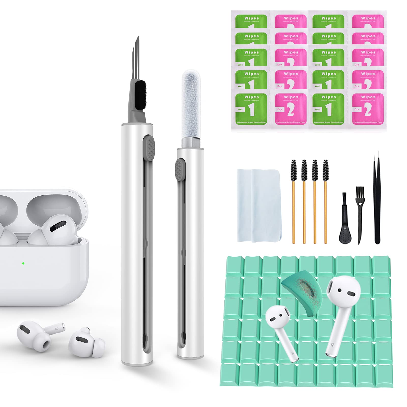 POHGELAN 3-in-1 AirPods Cleaning Kit with Soft Brush & Cleaning Putty - Professional Cleaning Tool for AirPods Pro/2/3, Earbuds, iPhone & Samsung Wireless Headphones - Perfect for Home, Office & Travel Use