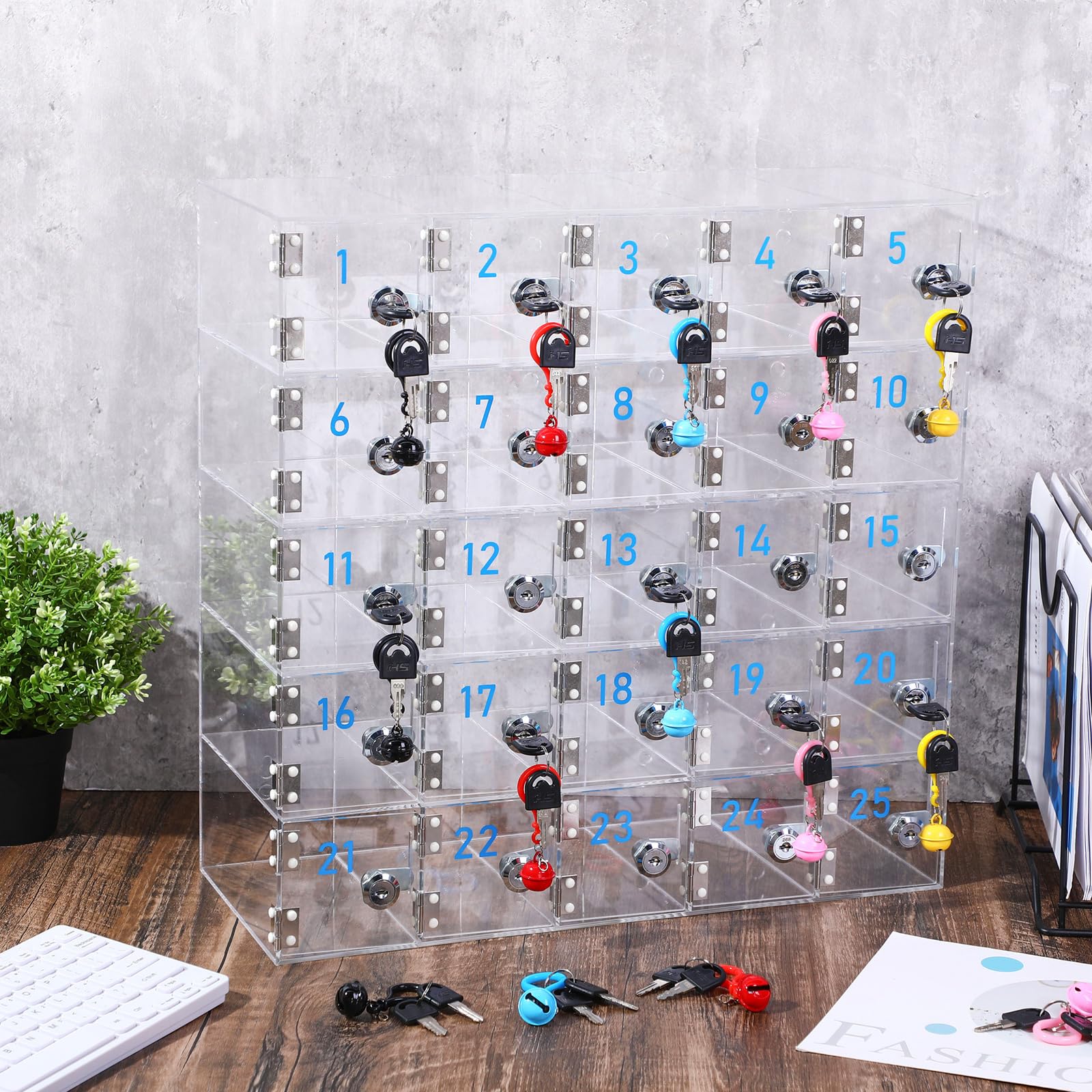 25-Door Clear Acrylic Cell Phone Locker Cabinet with Charging Ports & Key Locks - Wall Mounted Storage Solution for Classroom, Office, School & Factory - Organize Employee Devices Securely