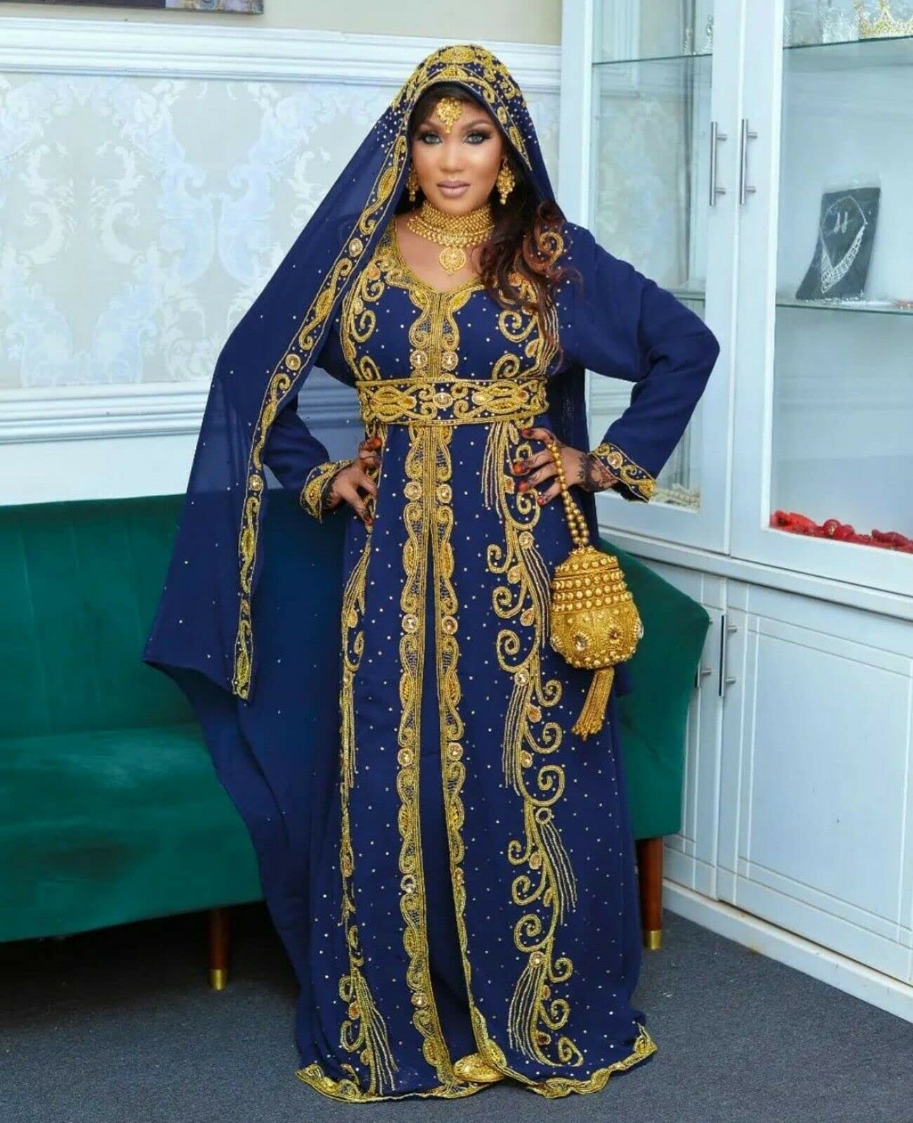 Royal Moroccan Dubai Kaftan Dress for Women - Elegant Farasha Abaya Ramadan Ethnic Wear by MZ_Creation (XX-Large, Navy Blue) - Perfect for Weddings, Beach Coverups & Special Occasions