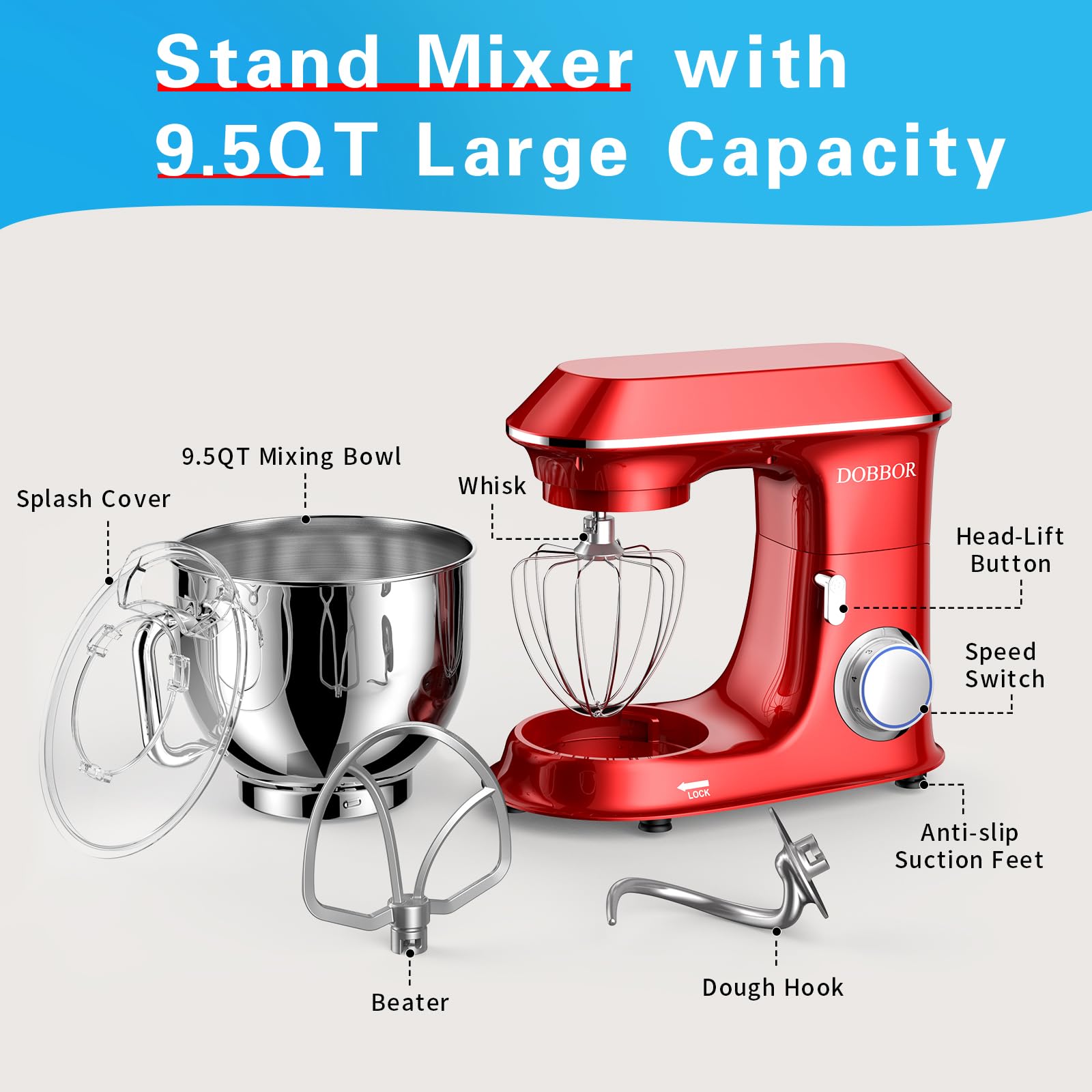 DOBBOR 9.5QT 660W Electric Stand Mixer - 7-Speed Tilt-Head Dough Mixer with Dough Hook, Whisk & Beater for Baking Bread, Cakes, Cookies, Pizza & More - Perfect for Home Bakers & Professional Kitchens - Red
