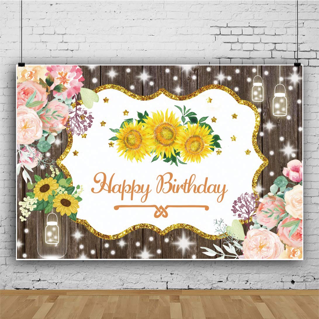 9x6ft Sunflower Happy Birthday Photography Backdrop - Rustic Wood Floor with Pink Flowers & Glitter Spots - Perfect for Birthday Parties, Baby Showers, Cake Tables & Photo Studio Props
