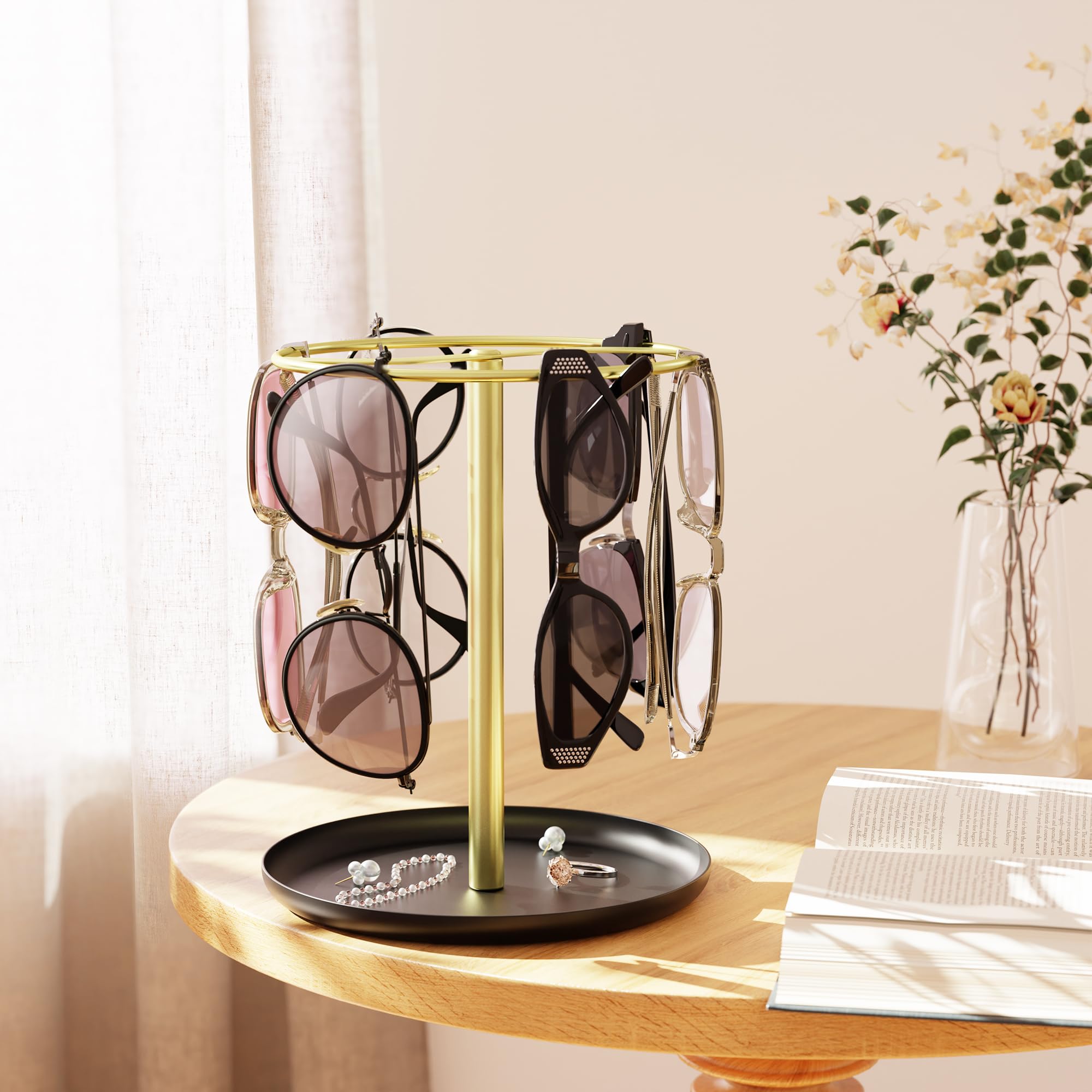 Premium Gold Sunglass Holder & Organizer - Sturdy Eyeglass Display Stand with Storage Tray for Multiple Sunglasses & Glasses | Perfect for Home, Office, Retail Store Display and Travel Organization