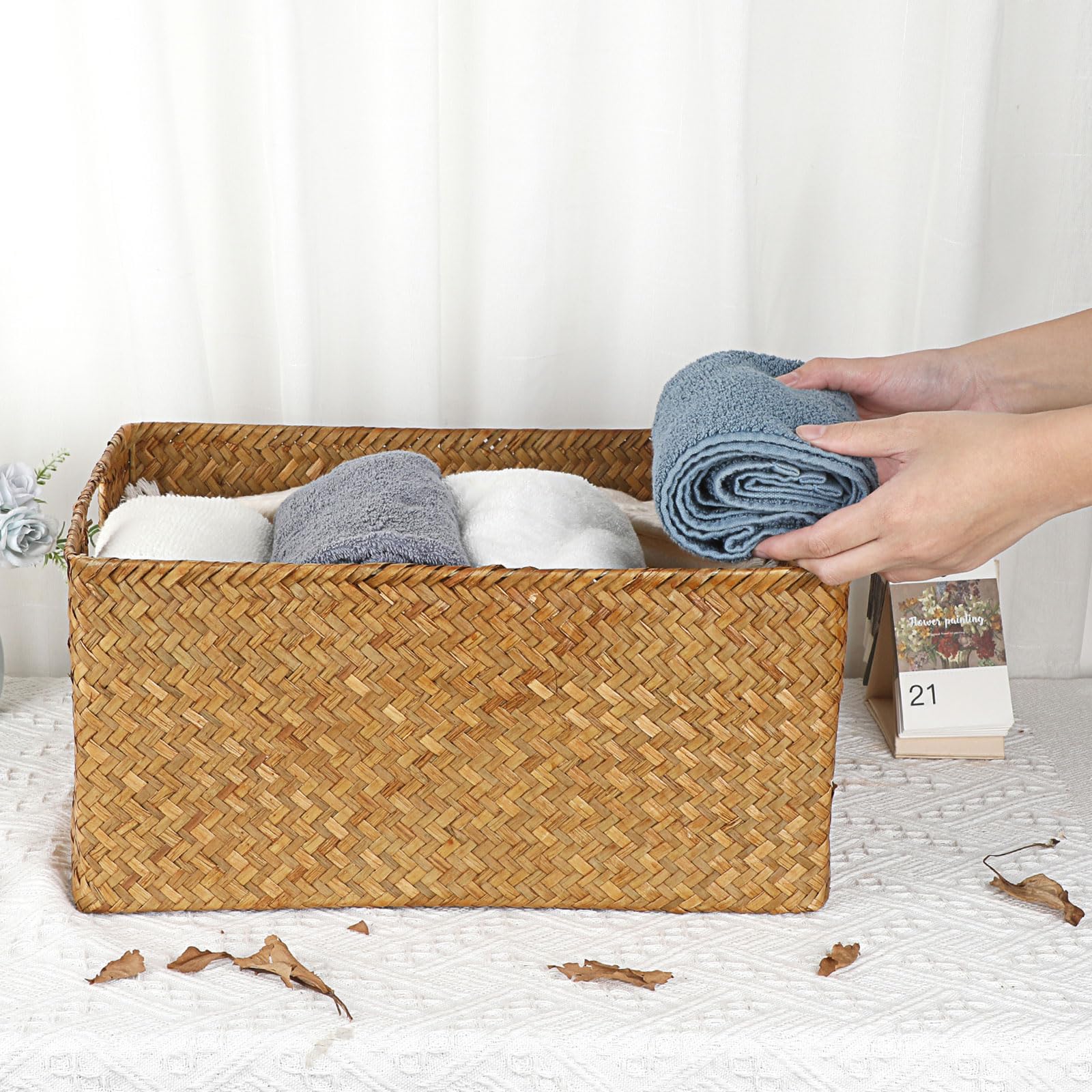 Seagrass Storage Basket - X-Large Handwoven Wicker Bin with Handles for Bedroom, Pantry & Closet Organization