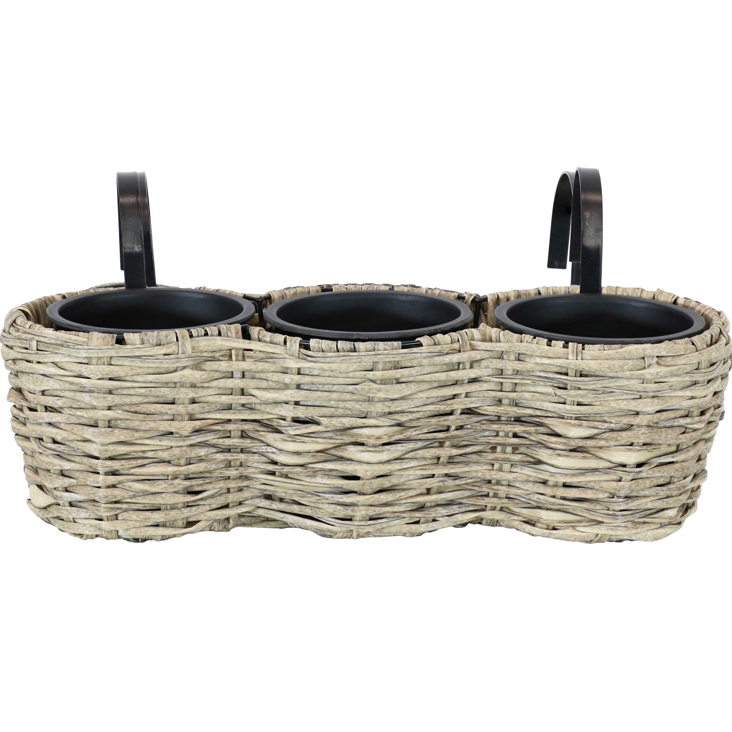 Sunnydaze Round Polyrattan 3-Section Over the Rail Planter - Hanging Flower Box for Balcony, Deck, Porch & Window Railings - Outdoor Garden Decor