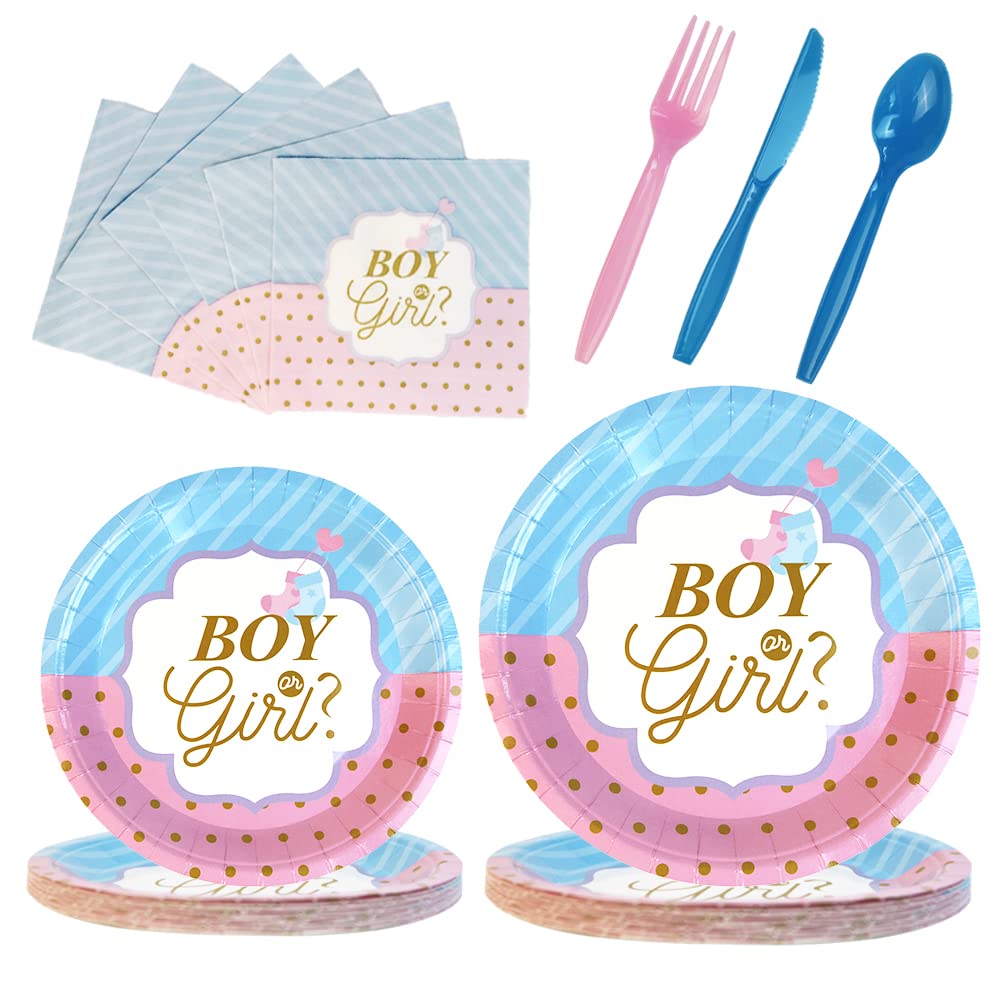 97-Piece Gender Reveal Party Supplies Set - Blue or Pink Plates, Napkins, Forks & Decorations for Baby Shower | Perfect for 16 Guests | Ideal for Gender Reveal Parties, Baby Showers & Birthday Celebrations