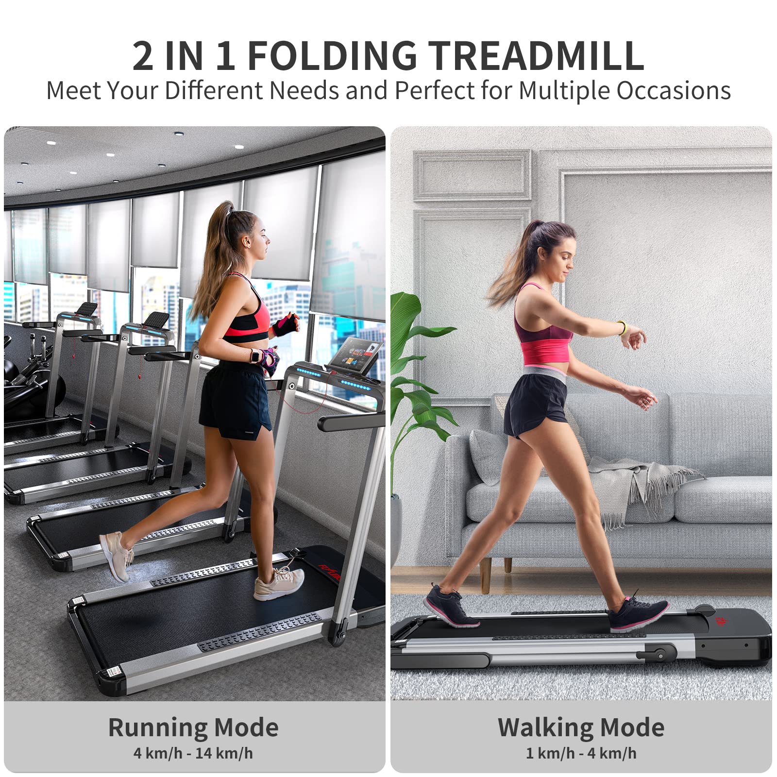 FLYLINKTECH 2 in 1 Folding Treadmill for Home Use - 14 km/h Max Speed with Remote Control - Compact Walking & Running Machine for Indoor Fitness - Perfect for Small Spaces & Home Gym Workouts (Silvery)