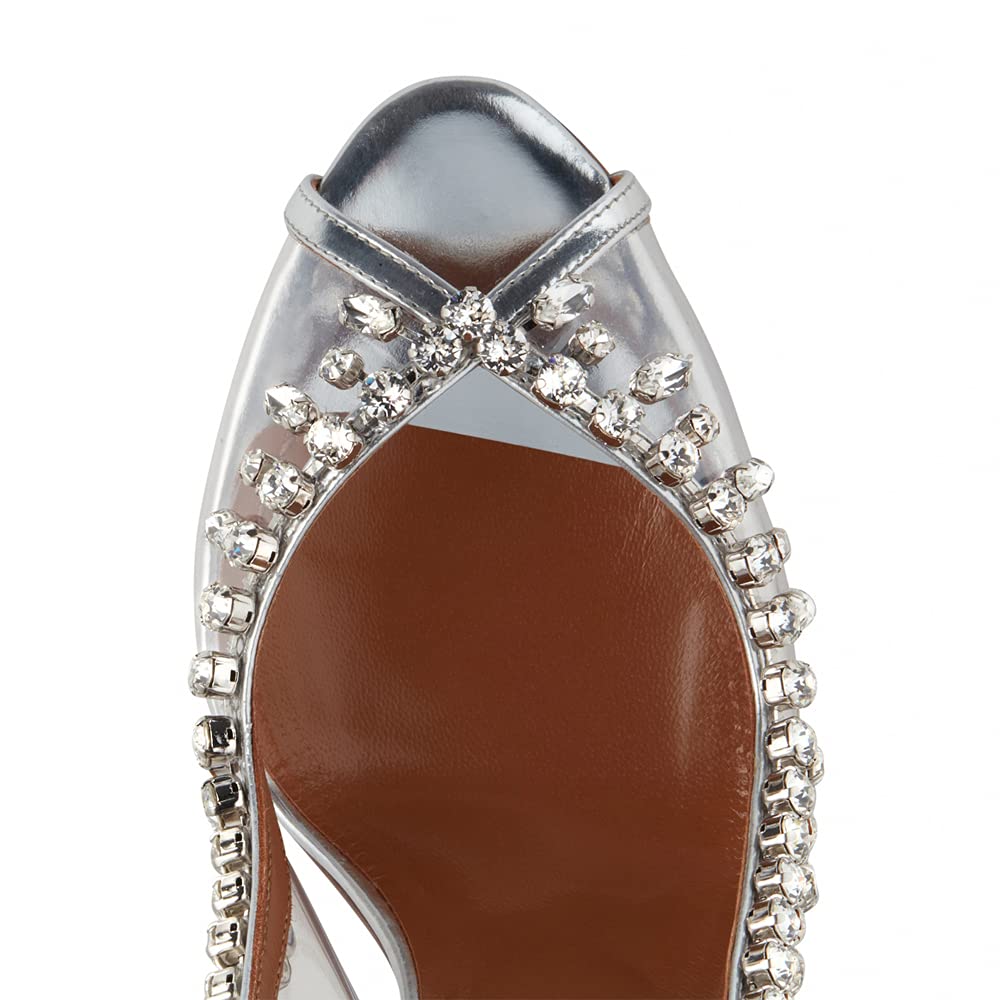 Elegant Women's High Heels - PVC Fish Mouth Slingback Stiletto Pumps with Diamond Chain Accent (Silver, UK5.5) | Perfect for Parties, Weddings & Evening Events
