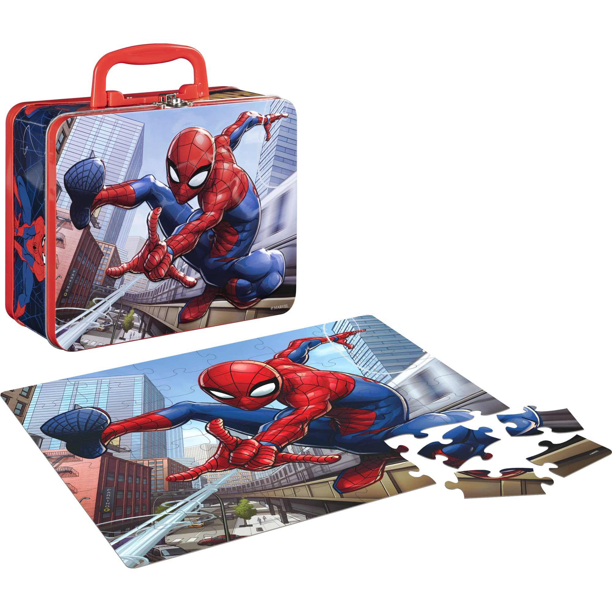 Marvel Spiderman Puzzle Set - 4pc Tin Lunch Box & 48pc Puzzle for Kids | Spiderverse Toys & Games