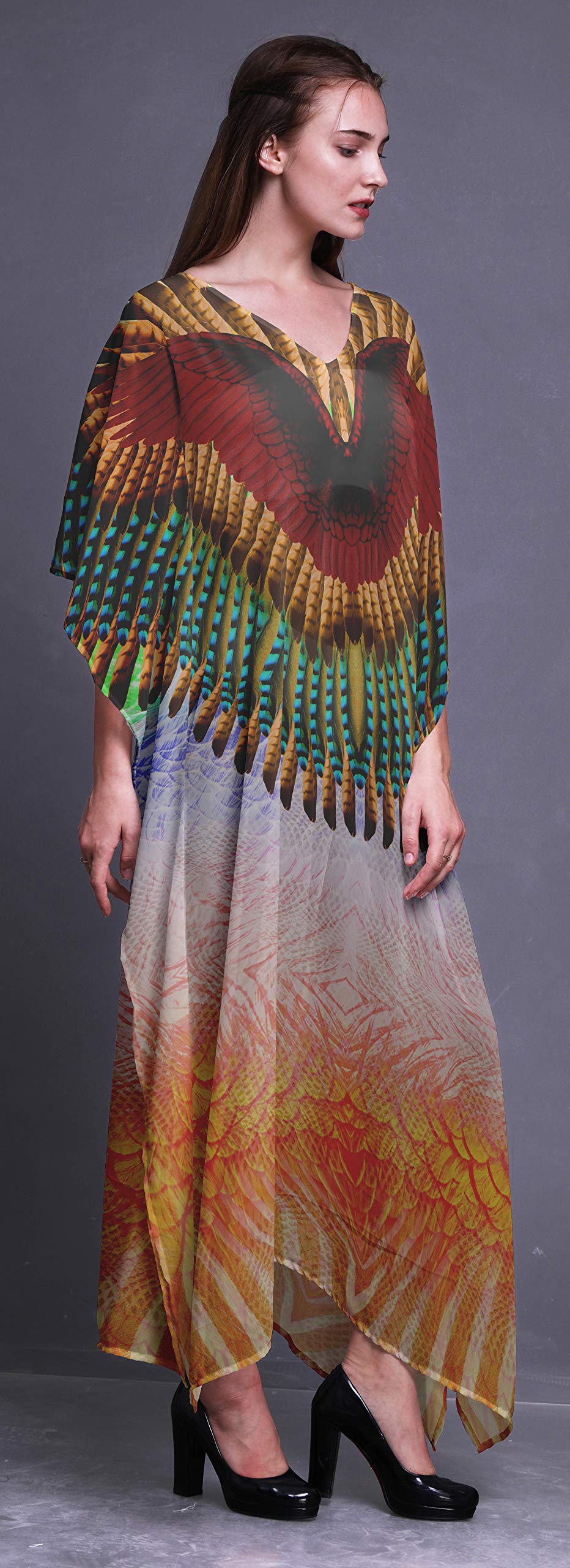 Tribal Feather Women's Long Beach Kaftan - Flowy Bikini Cover Up Maxi Dress for Summer Vacation, Pool Party & Boho Fashion | Lightweight Beachwear with Bohemian Style