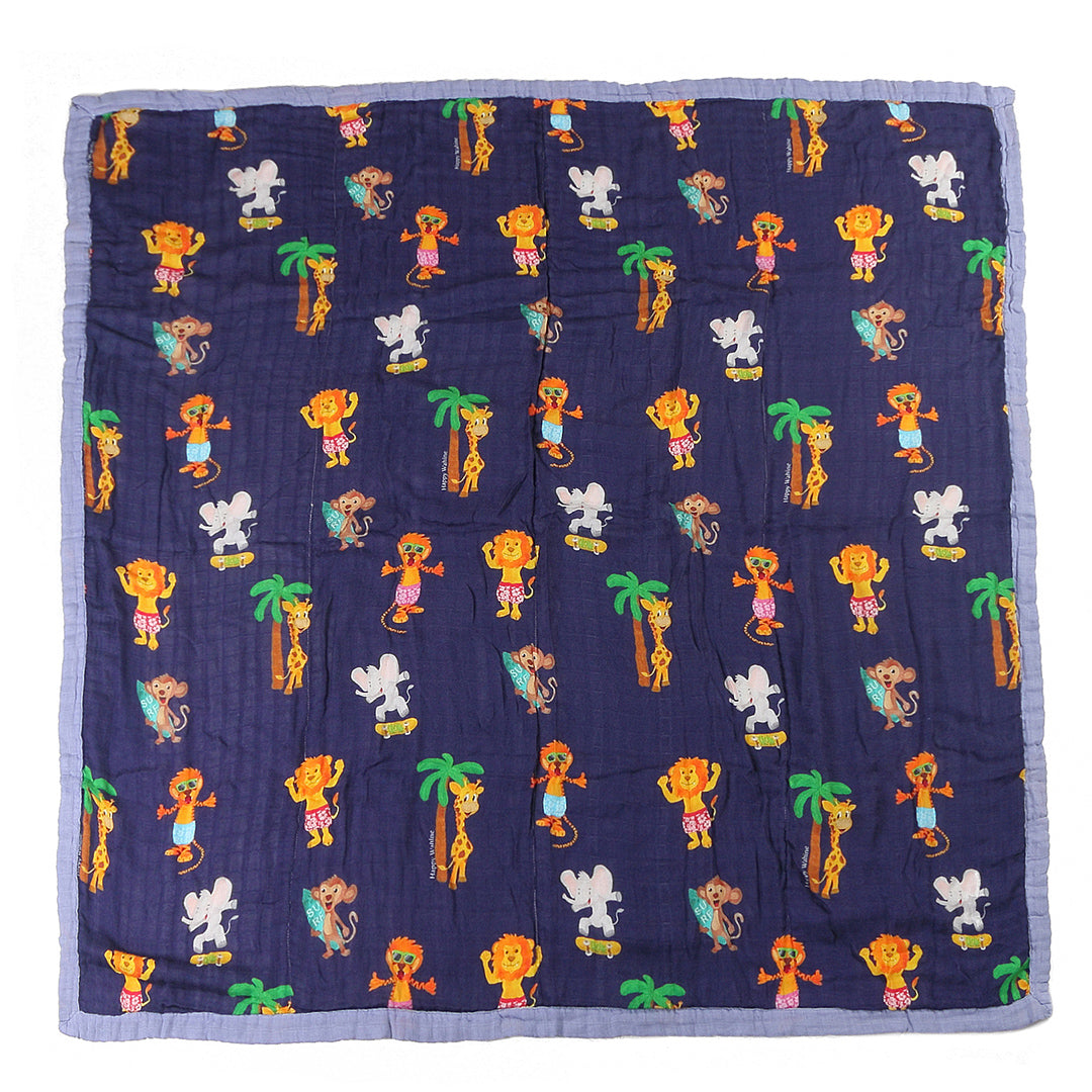 Soft Baby Blanket with Cute Zoo Animals Print - Navy Blue for Newborns & Toddlers - Perfect for Nursery, Stroller, and Swaddling