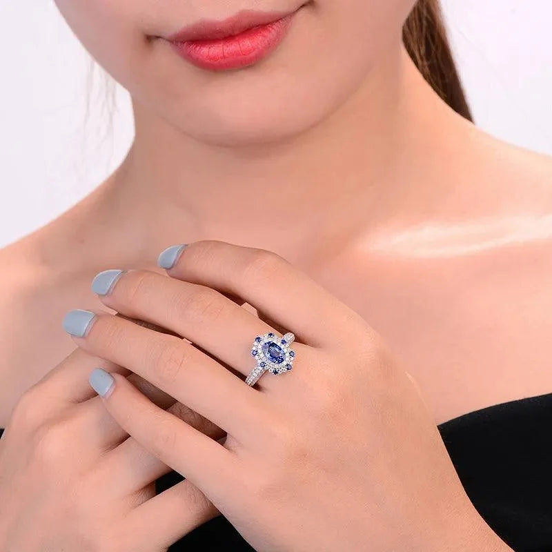 1.57ct Natural Sapphire & Diamond Halo Engagement Ring in 18K White Gold - Perfect for Proposals, Weddings & Anniversary Gifts