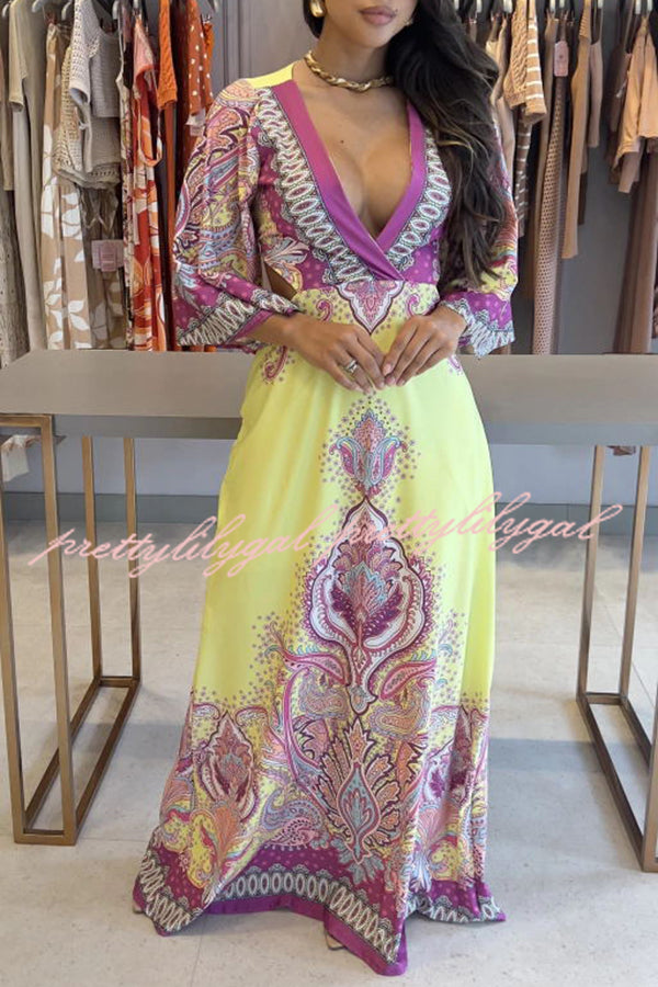Elegant Palace Style Print Bell Sleeve Backless Maxi Dress for Women | Flowy Vacation & Beach Dress | Perfect for Summer Parties, Weddings & Tropical Getaways