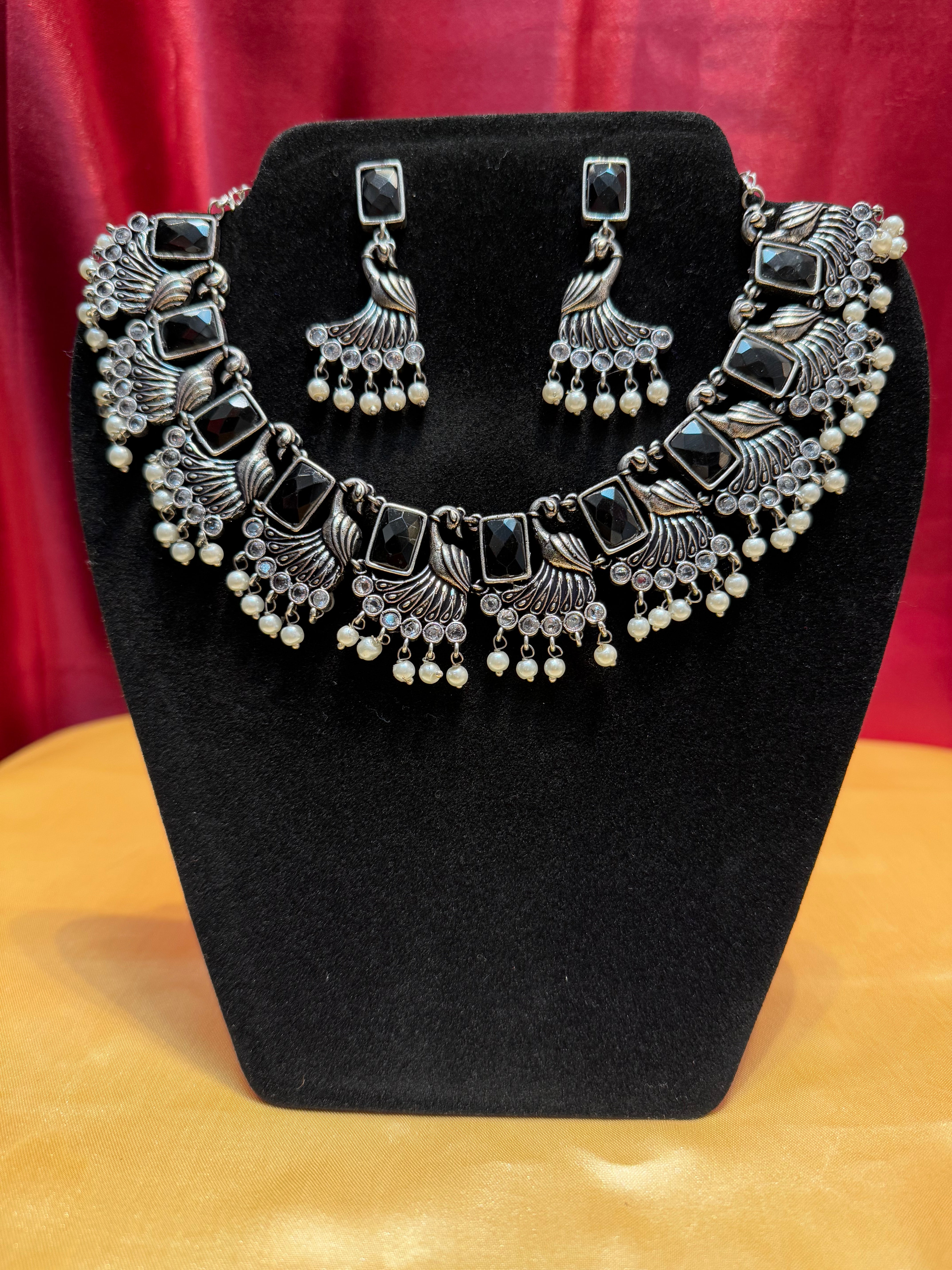 Oxidized Black Peacock Design Necklace & Earring Set - Elegant Jewelry for Women, Perfect for Parties, Weddings, and Special Occasions