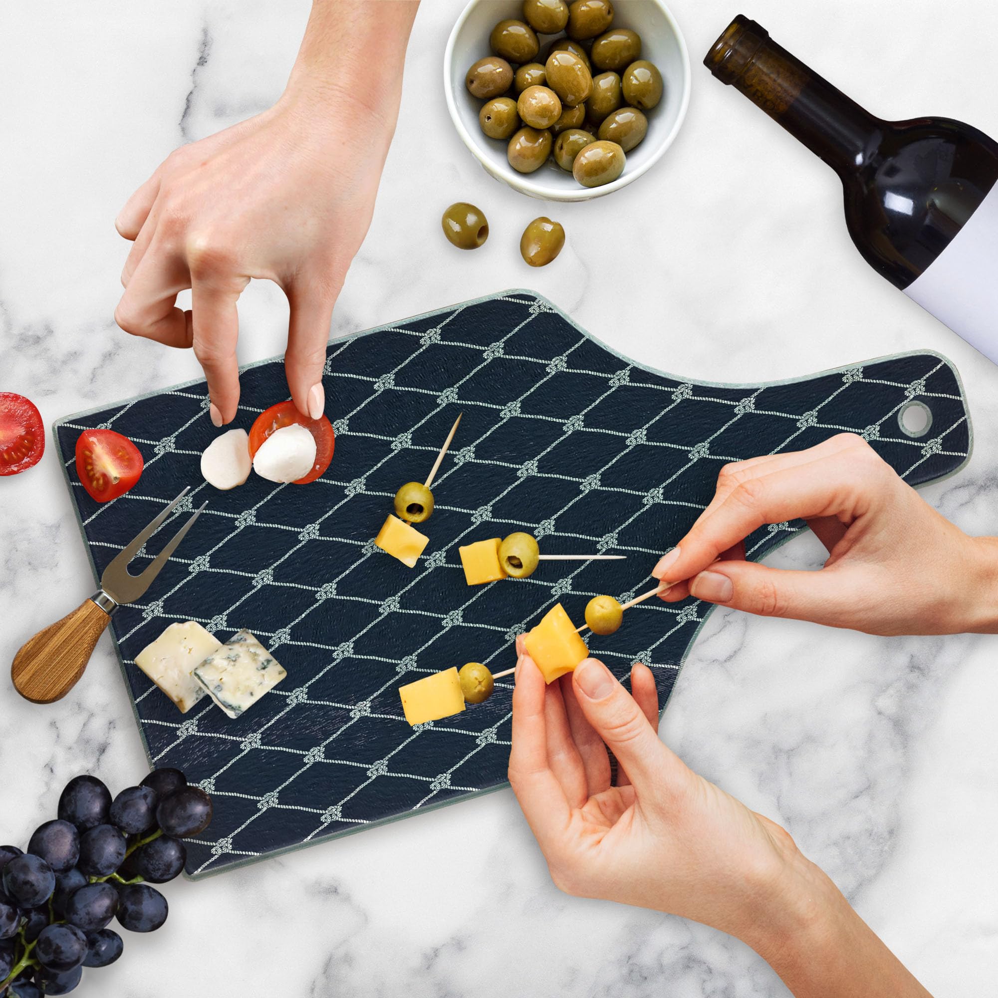 Ambesonne Navy Blue Tempered Glass Cutting Board - Classic Yacht & Sea Theme, Decorative Serving Board with Wine Bottle Shape, Dark Blue & White Design - Perfect for Kitchen Prep, Charcuterie, Cheese Platters & Entertaining