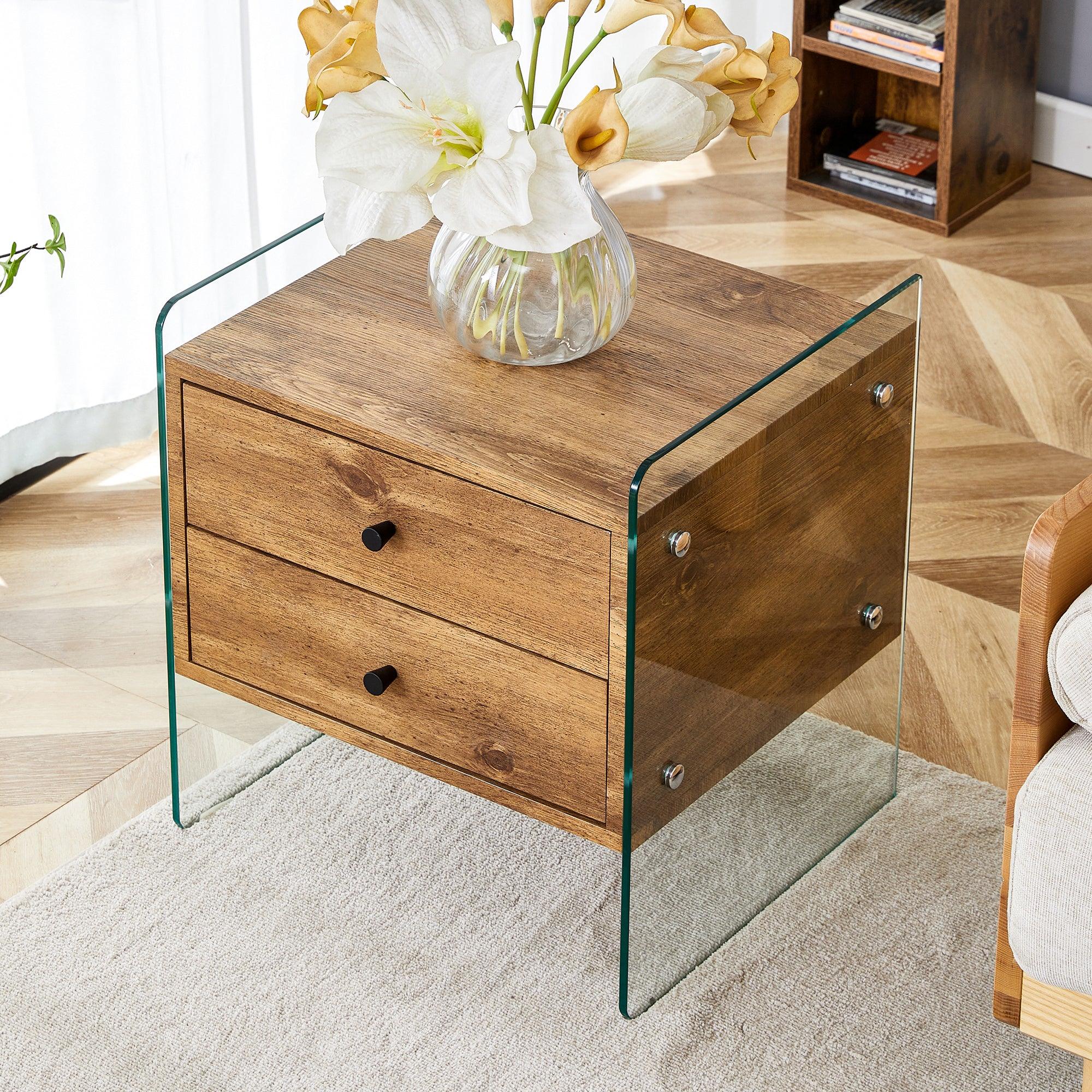 Modern Double Drawer Bedside Table with MDF Sticker Surface & Tempered Glass Sides - Elegant Design & Spacious Storage for Bedroom, Living Room, or Office