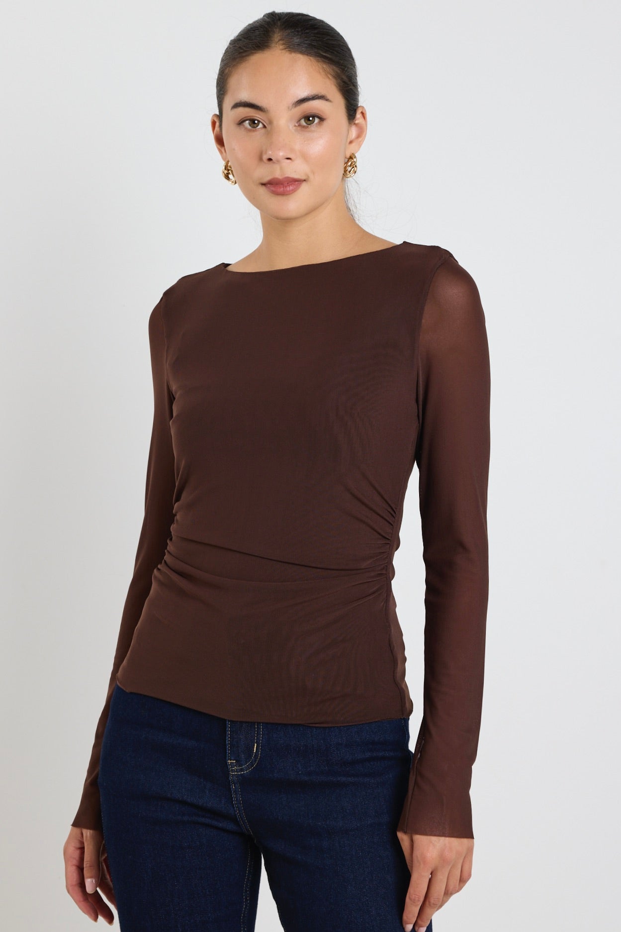 Bravo Chocolate Mesh Long Sleeve T-Shirt for Women - Breathable Fashion Top for Casual Wear, Layering & Night Out