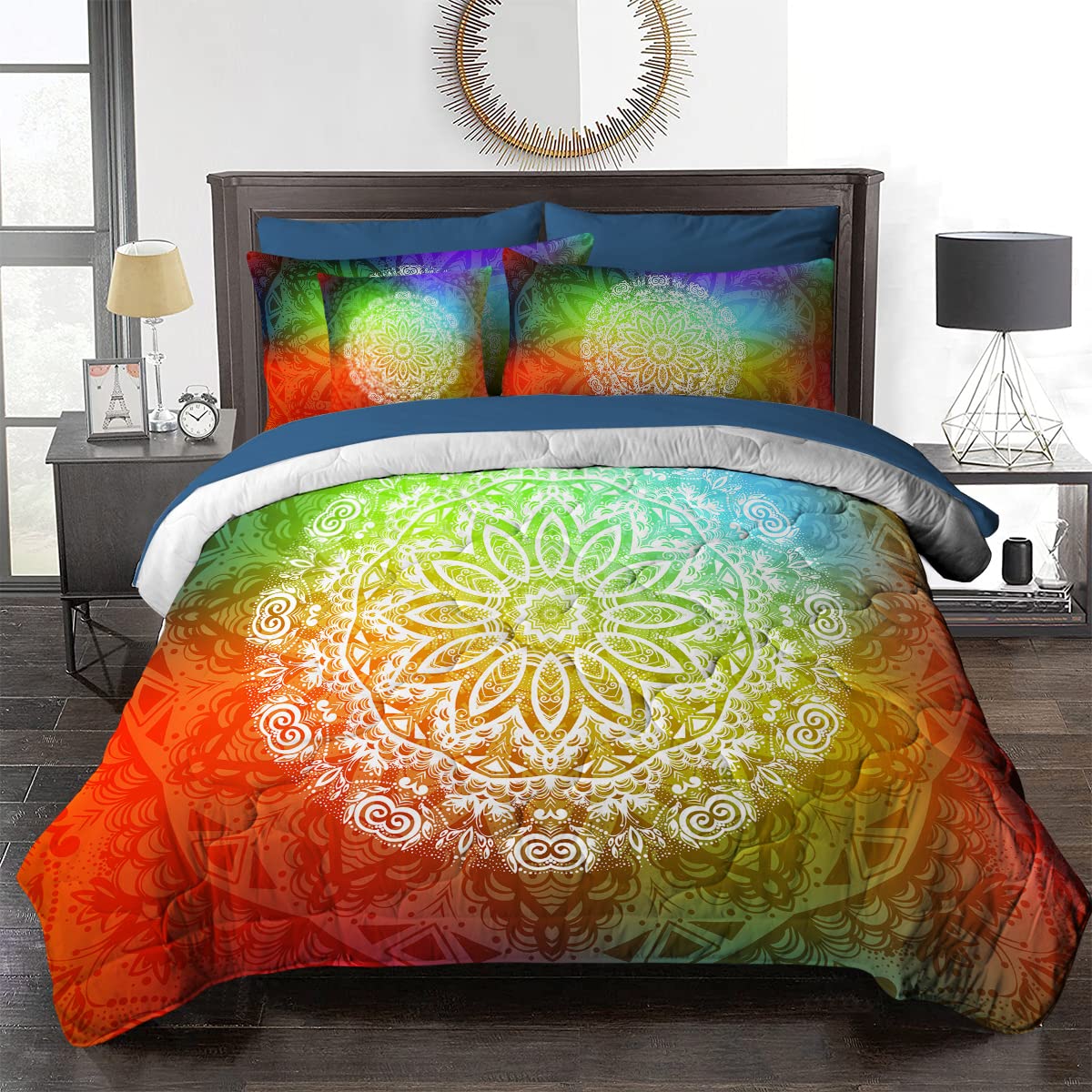 BlessLiving Mandala Twin Bedding Sets - Bohemian 8-Piece Bed in a Bag with Comforter & Sheets (Twin, Neon Green/Red/Blue) | Perfect for Boho Bedroom Decor, Dorm Room Essentials & Hippie Style Home