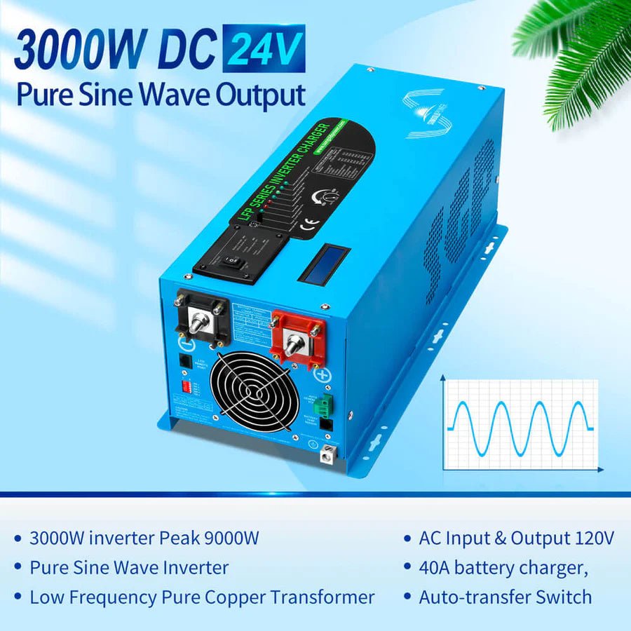 SunGoldPower 3000W 24V Pure Sine Wave Power Inverter with Built-in Charger - Perfect for RVs, Solar Systems, and Off-Grid Power Solutions