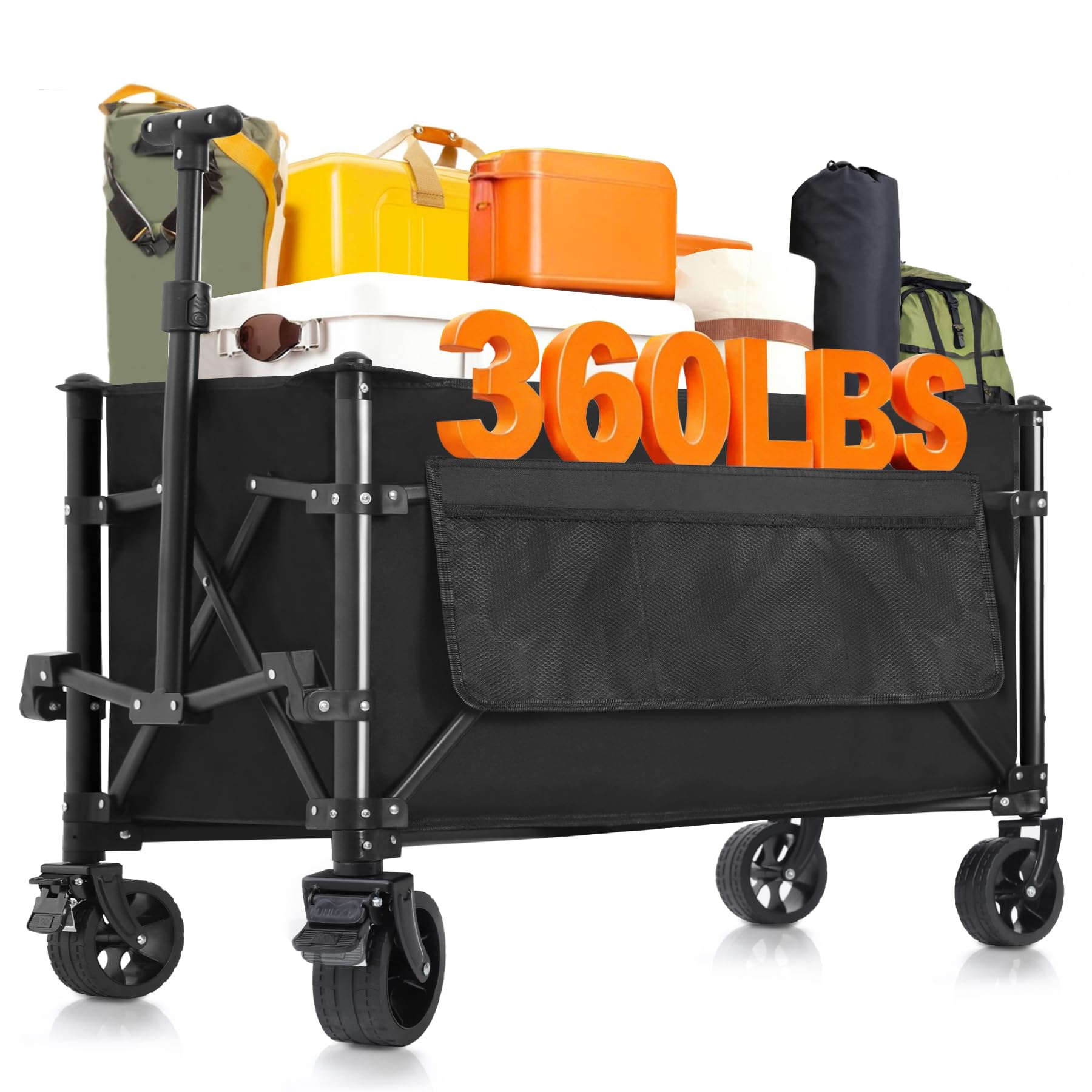 Favoyard Collapsible Wagon Cart - 150L Capacity & 360LBS Load Capacity, Heavy Duty Foldable Utility Cart with All-Terrain Wheels & Brakes for Outdoor, Beach, Camping, Grocery Shopping, Sports & Garden Use - Black