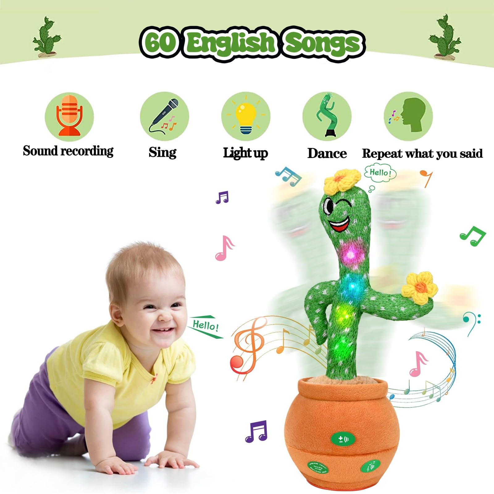Interactive Talking Cactus Toy - Singing, Dancing & Repeating Educational Baby Toy with 60 English Songs, Lights & Recording Function | Perfect Tummy Time, Learning & Sensory Play Gift for Infants, Toddlers, Boys & Girls | Ideal for Playtime, Early Development & Birthday Gifts
