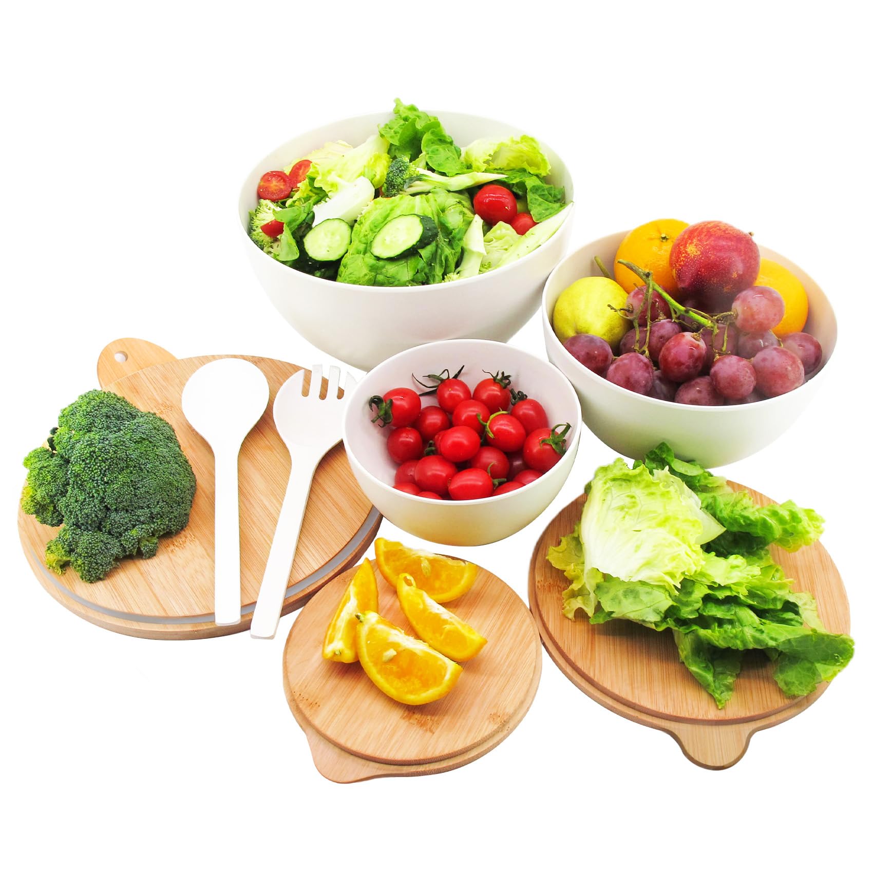 3-Piece Bamboo Fiber Salad Bowl Set with Seal Lid & Serving Utensils - Large Mixing Bowls for Kitchen, Pasta, Popcorn, Fruit | Perfect for Meal Prep, Entertaining & Food Storage (White)