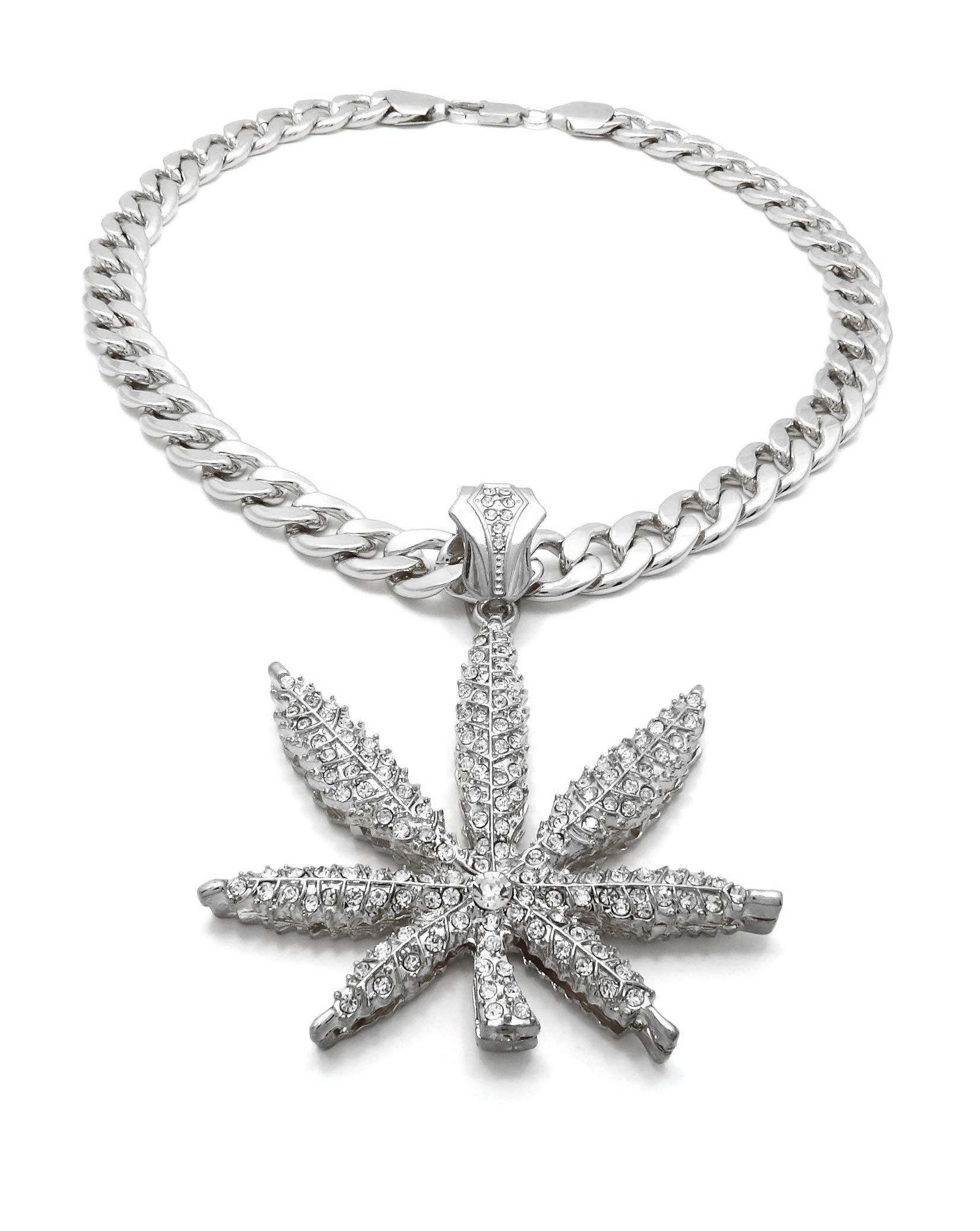 11mm Iced Out Marijuana Leaf Pendant with 20 Cuban Chain - Hip Hop Necklace RC3351R for Men & Women - Perfect for Rappers, Streetwear Fashion & Weed Enthusiasts