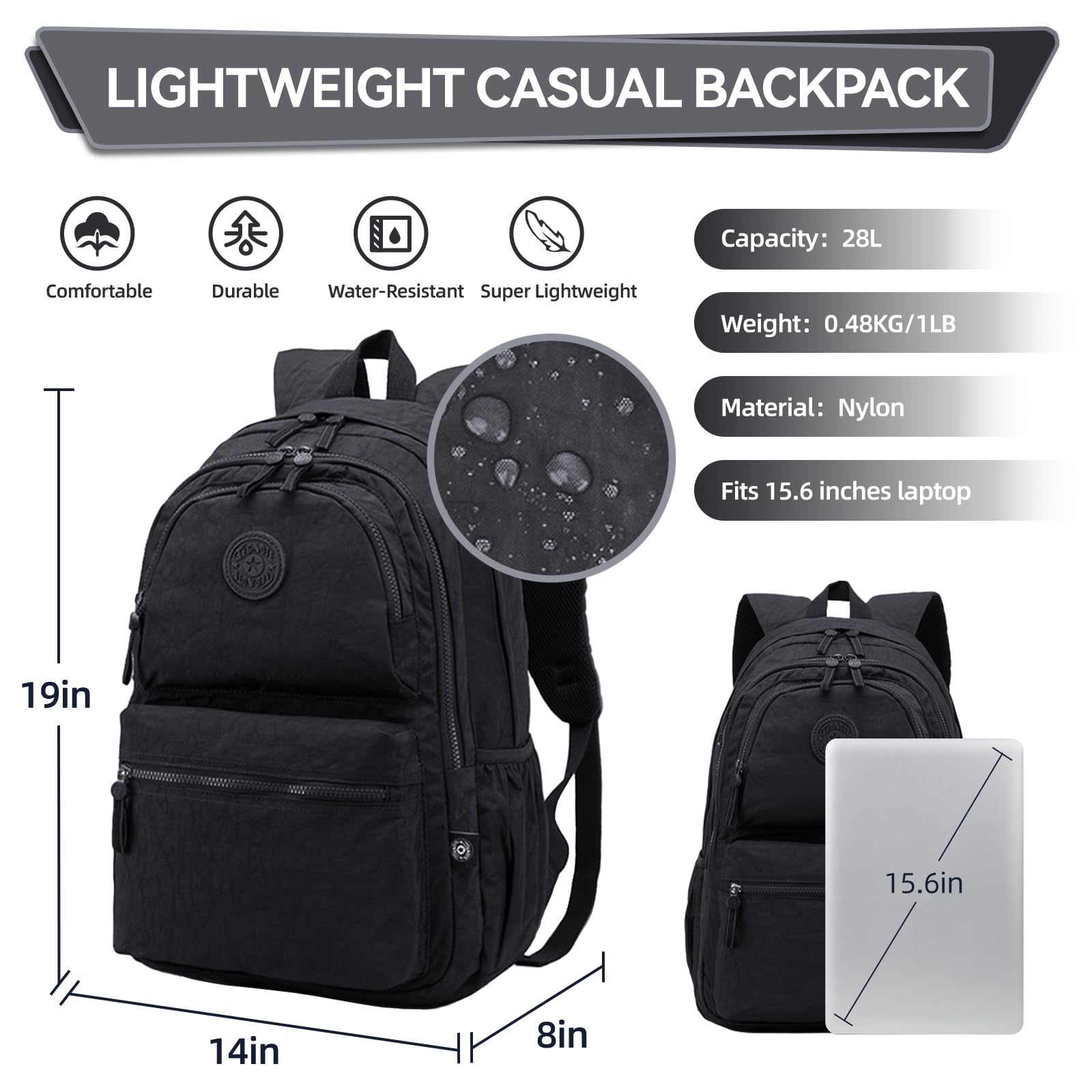 28L Lightweight Nylon Travel Laptop Backpack for Men & Women - Durable Computer Work Backpack, Casual Daypack for Hiking, Cycling, Commuting, School & Office - Fits 15.6 Inch Laptop - Black