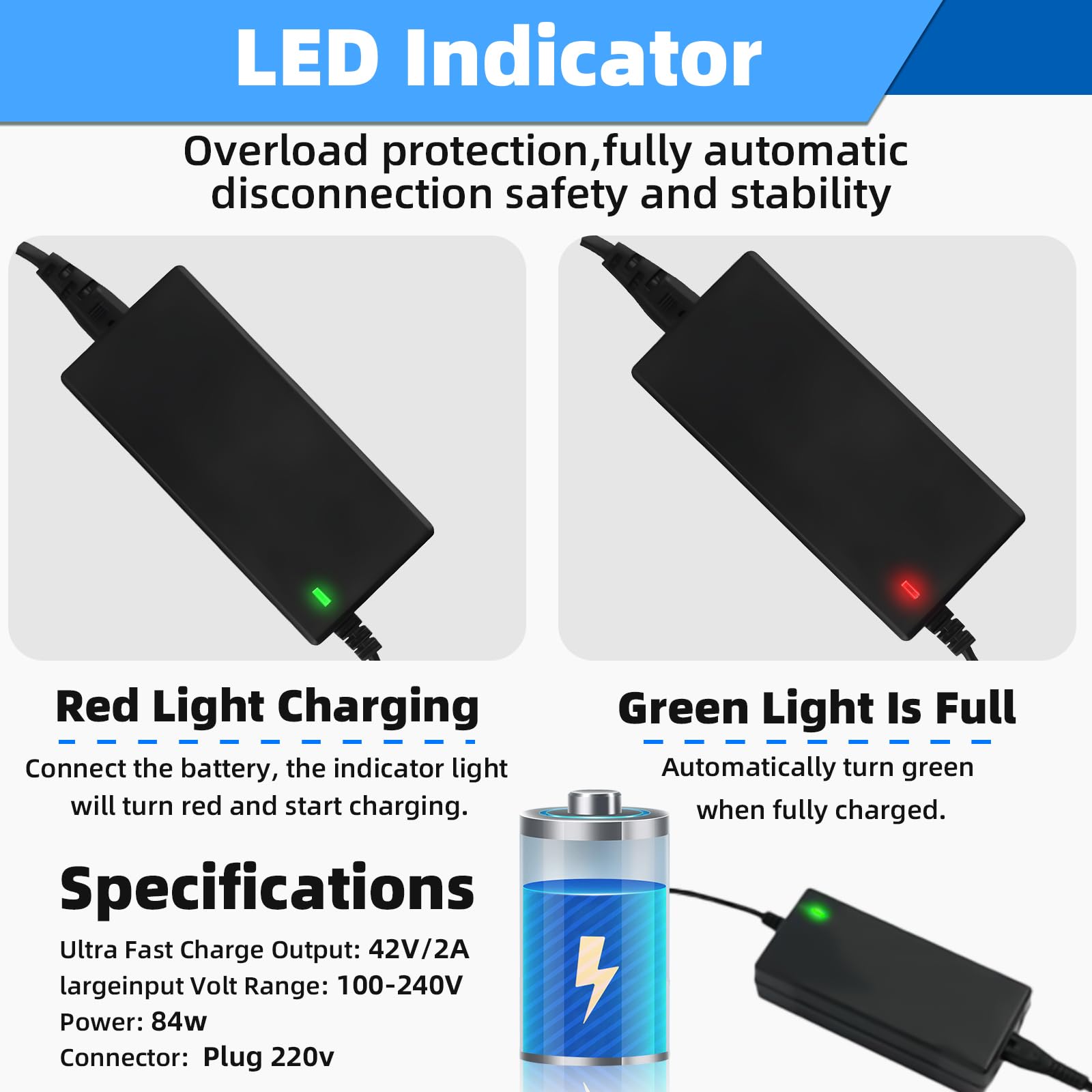 Tacilin 42V 2A Universal Electric Scooter Charger - Compatible with E-Bike, Hoverboard & Balance Bike - Includes 6 Battery Charger Connectors - Perfect for Commuting, Campus Travel & Outdoor Adventures