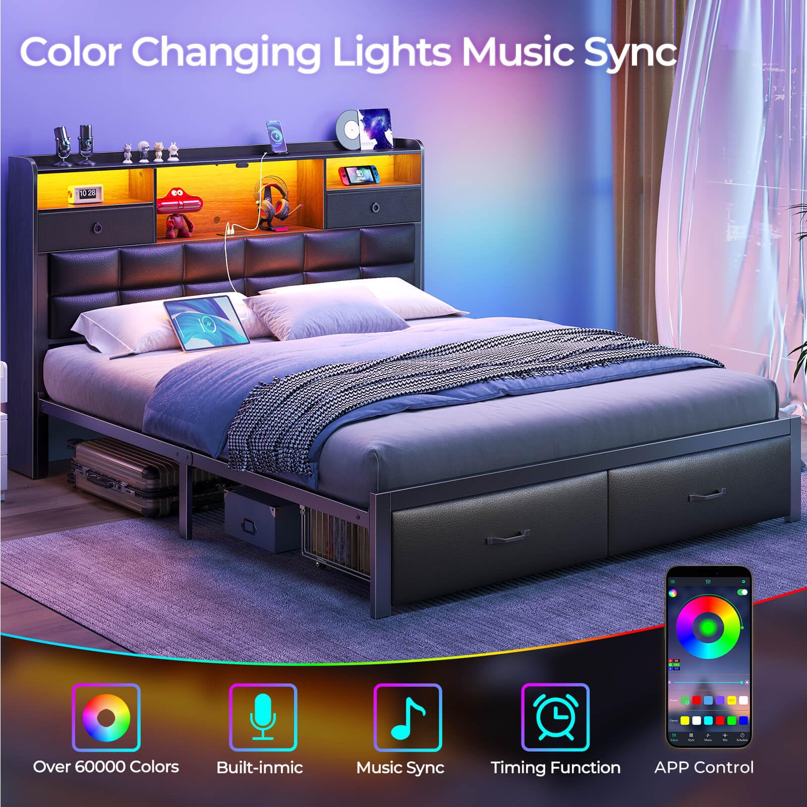 Rolanstar Full Size Upholstered Platform Bed Frame with Storage Drawers, USB Charging Station & LED Headboard - Heavy Duty Metal Frame, No Box Spring Needed, Noise Free, Black - Perfect for Small Bedrooms, Guest Rooms & Modern Apartments