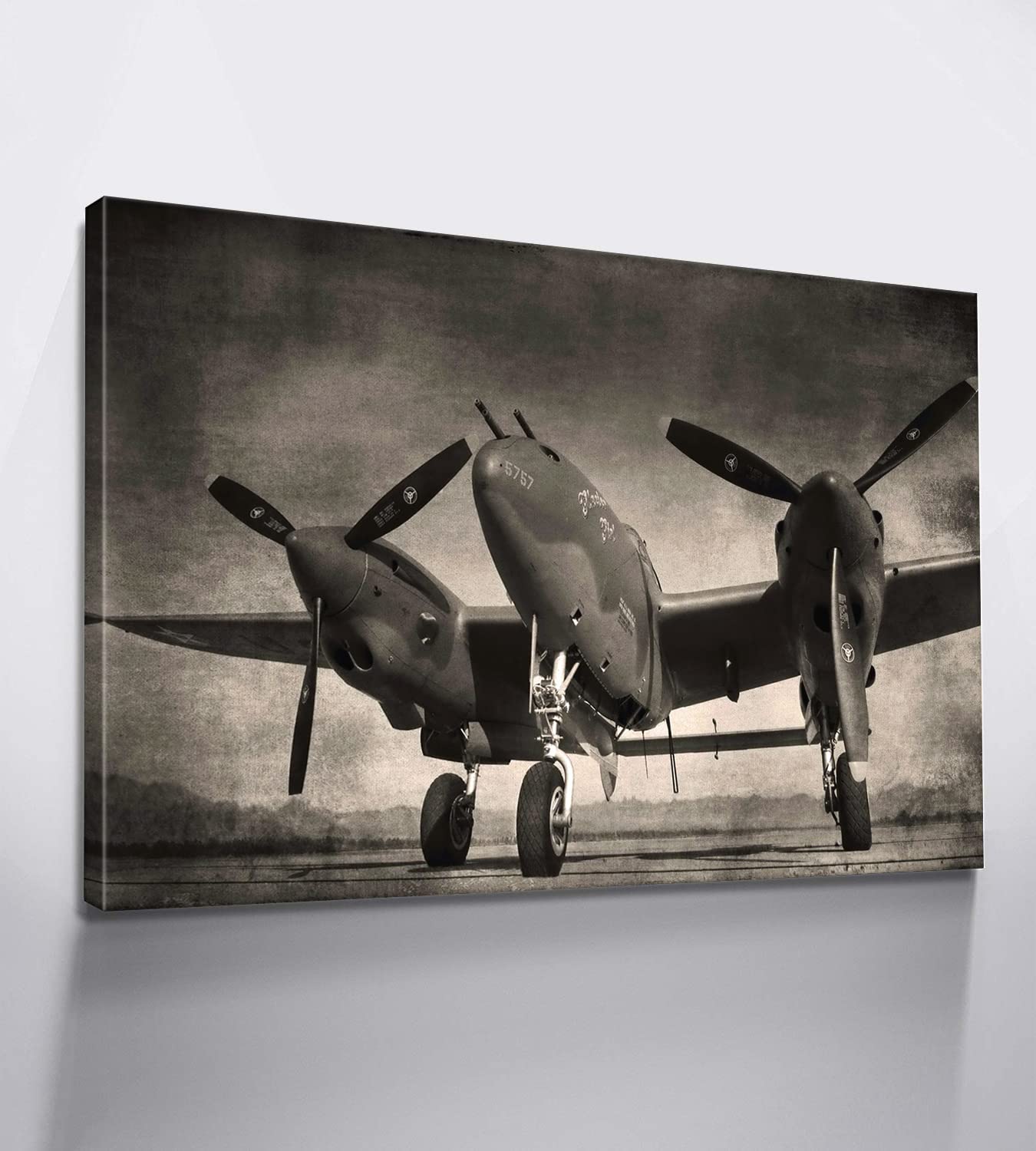Black and White Twin Engine Airplane Canvas Wall Art - Aviation Decor, Airplane Propeller Wall Decor, Airplane Posters & Gifts for Home - Ready to Hang (28''H x 40''W) - Perfect for Living Room, Bedroom, Office & Aviation Enthusiast Spaces