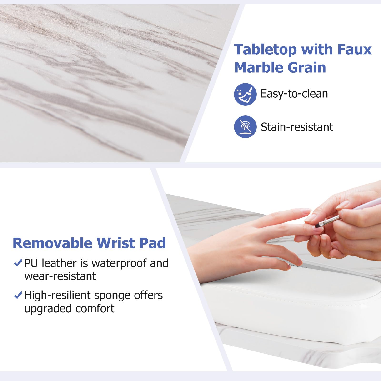 Giantex Foldable Nail Tech Desk with Built-in Dust Collector Fan, Adjustable LED Light & Wrist Pad - Portable Manicure Table with 4 Lockable Wheels & Carrying Case, Marble White - Perfect for Salon Professionals & Home Nail Artists