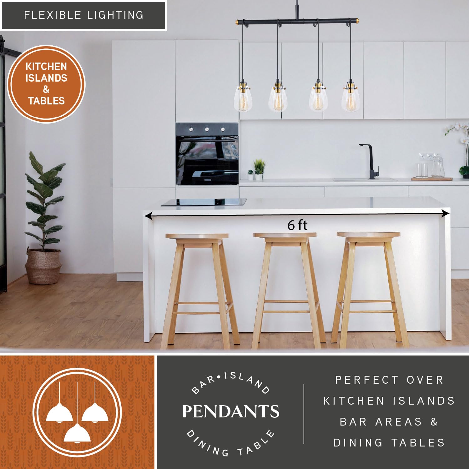 VAXCEL Kassidy 4-Light Black Industrial Linear Teardrop Chandelier Island Pendant Light Fixture with Clear Glass Shades - Perfect for Kitchen Islands, Dining Rooms, and Modern Farmhouse Decor
