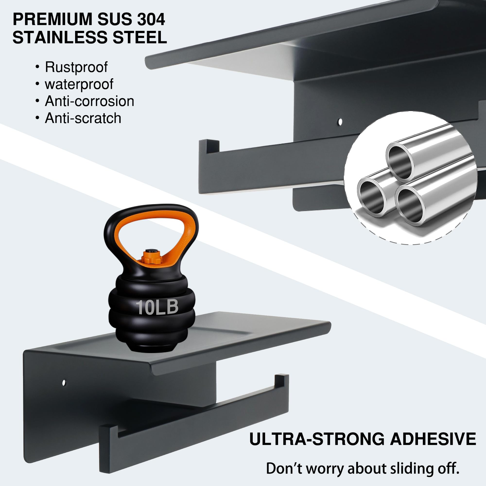 Stainless Steel Toilet Paper Holder with Shelf - SUS304 Bathroom Tissue Roll Dispenser, Wall Mount or Adhesive Installation, Matte Black - Perfect for Modern Bathrooms, Powder Rooms & RVs
