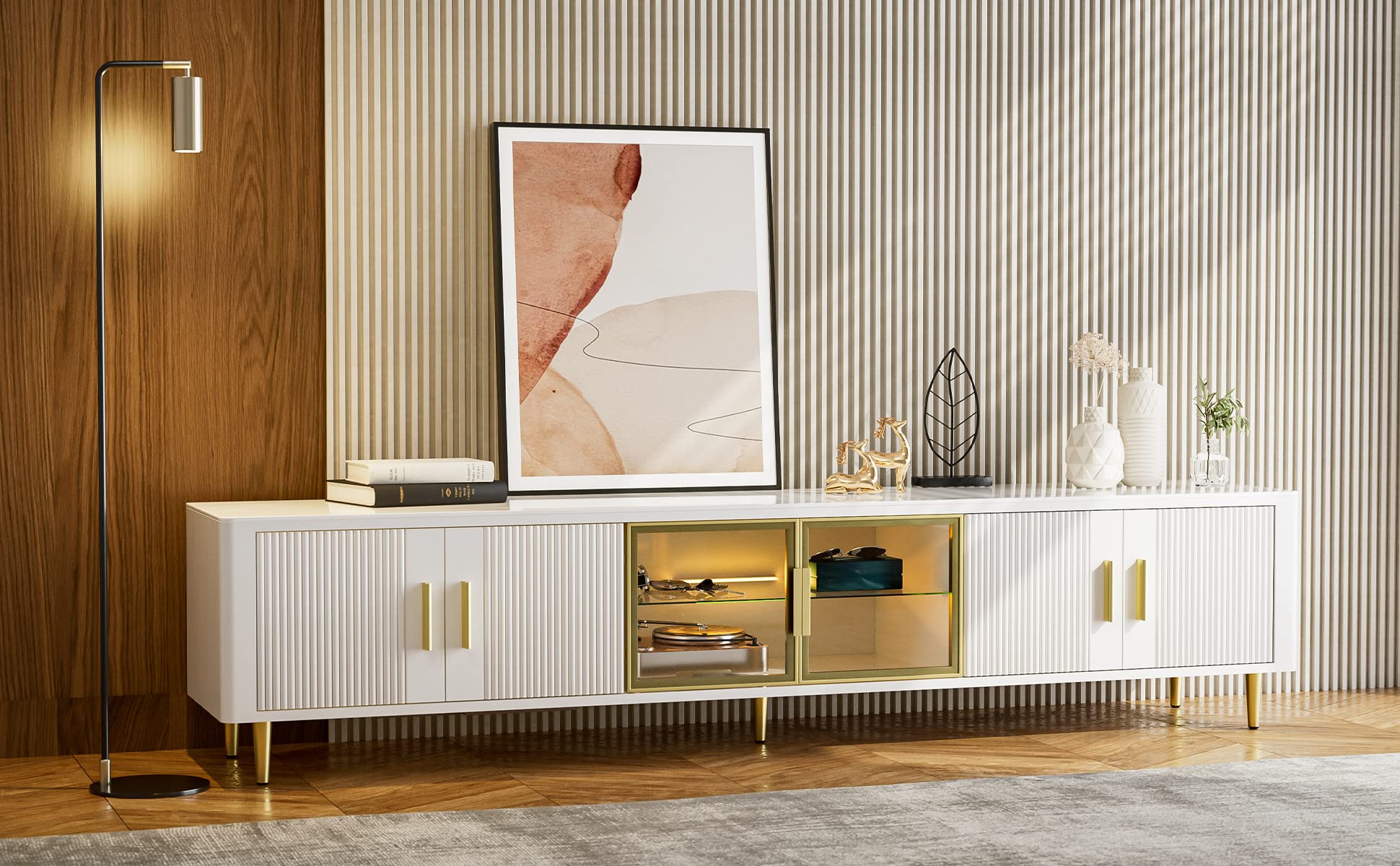 IKIFLY Modern TV Stand for 85+ Inch TVs - White LED Slate Entertainment Center with Glass Storage Cabinets & Adjustable LED Lights - Perfect for Living Room, Home Theater & Gaming Setup