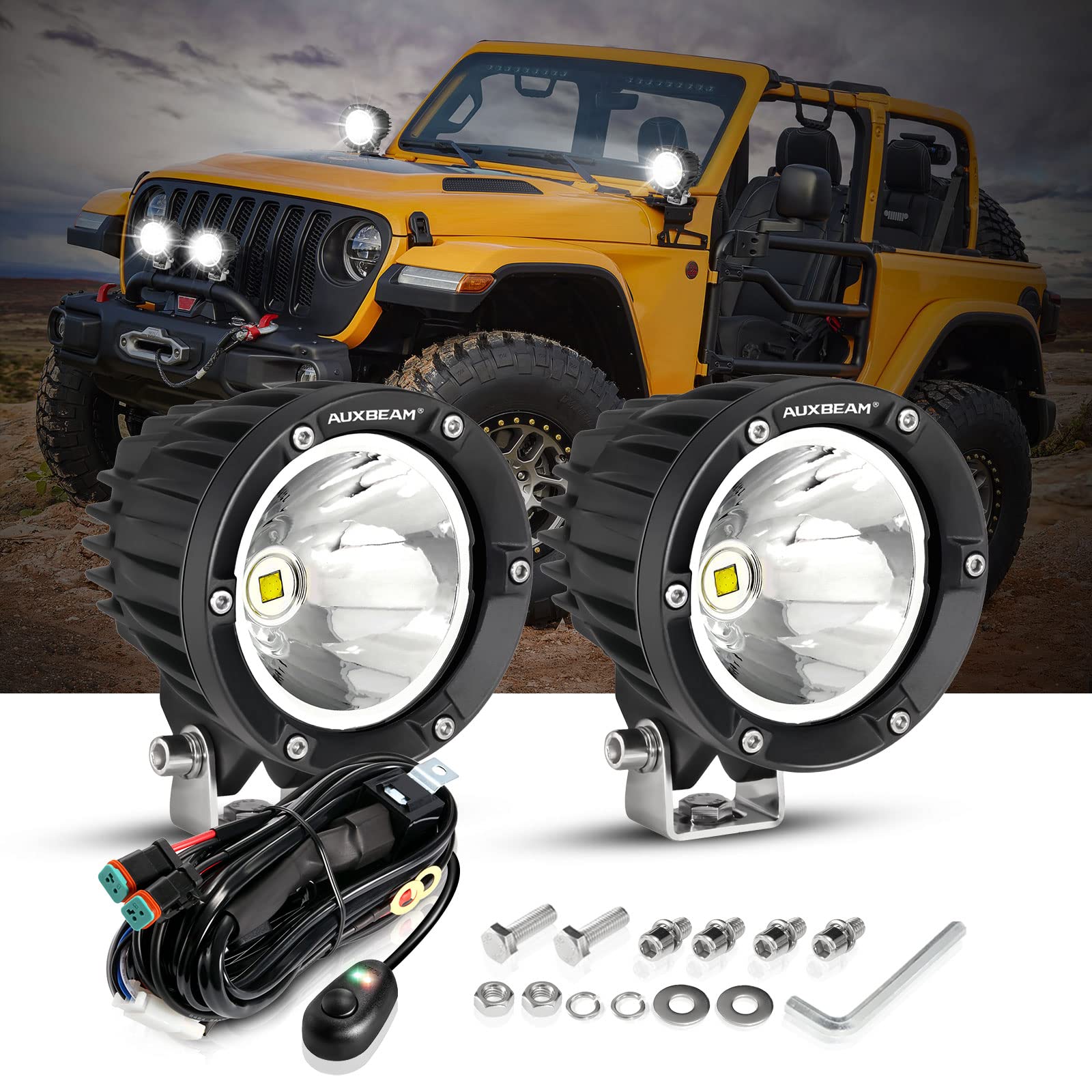 **Auxbeam 4 Inch 72W Round Offroad LED Pod Lights - 2PCS 7200LM Spot/Flood Combo for Jeep, Truck, SUV, UTV, Motorcycle - Waterproof Fog & Work Lights with Wiring Harness (White Beam) - Perfect for Off-Roading, Night Driving & Worksite Lighting**