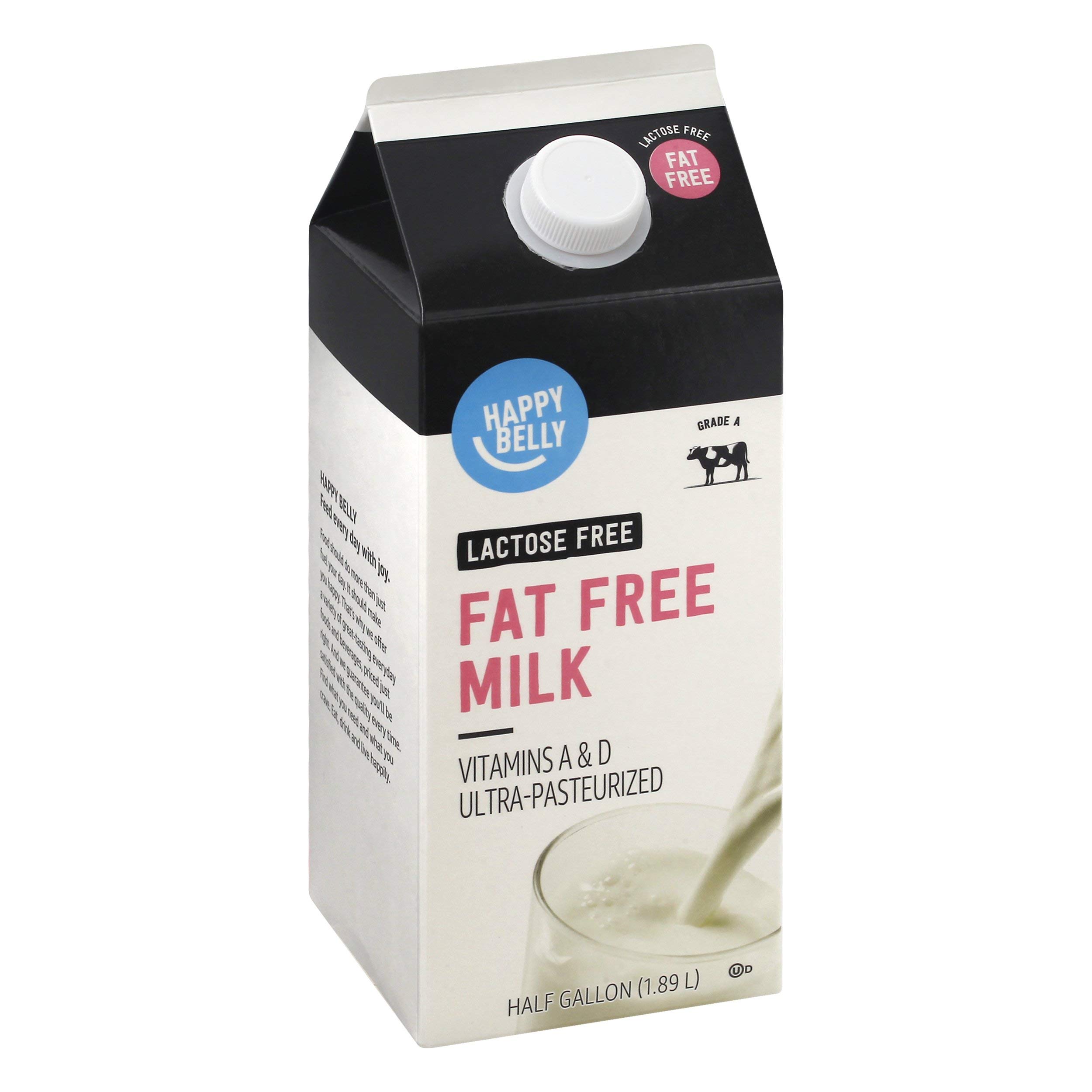 Happy Belly Fat Free Lactose Free Ultra Pasteurized Milk - Half Gallon (64 Fl Oz) | Kosher Certified | Perfect for Baking, Coffee & Smoothies