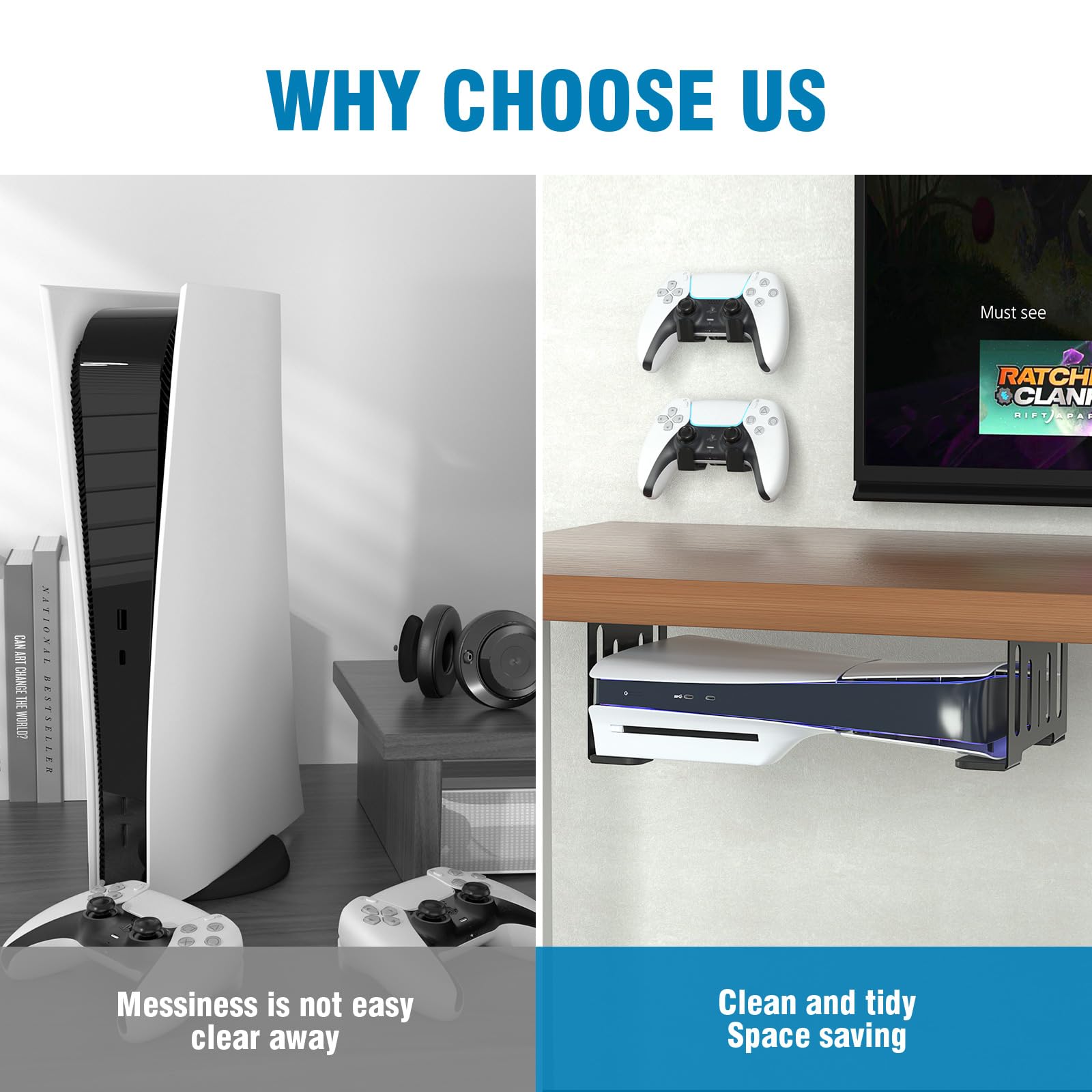 PS5 Under Desk Mount Holder - Compatible with PS5, PS5 Slim (Disc & Digital Edition) - Alloy Display Hook Organizer for Playstation 5 - Perfect for Gaming Setup & Space Saving in Bedroom or Office