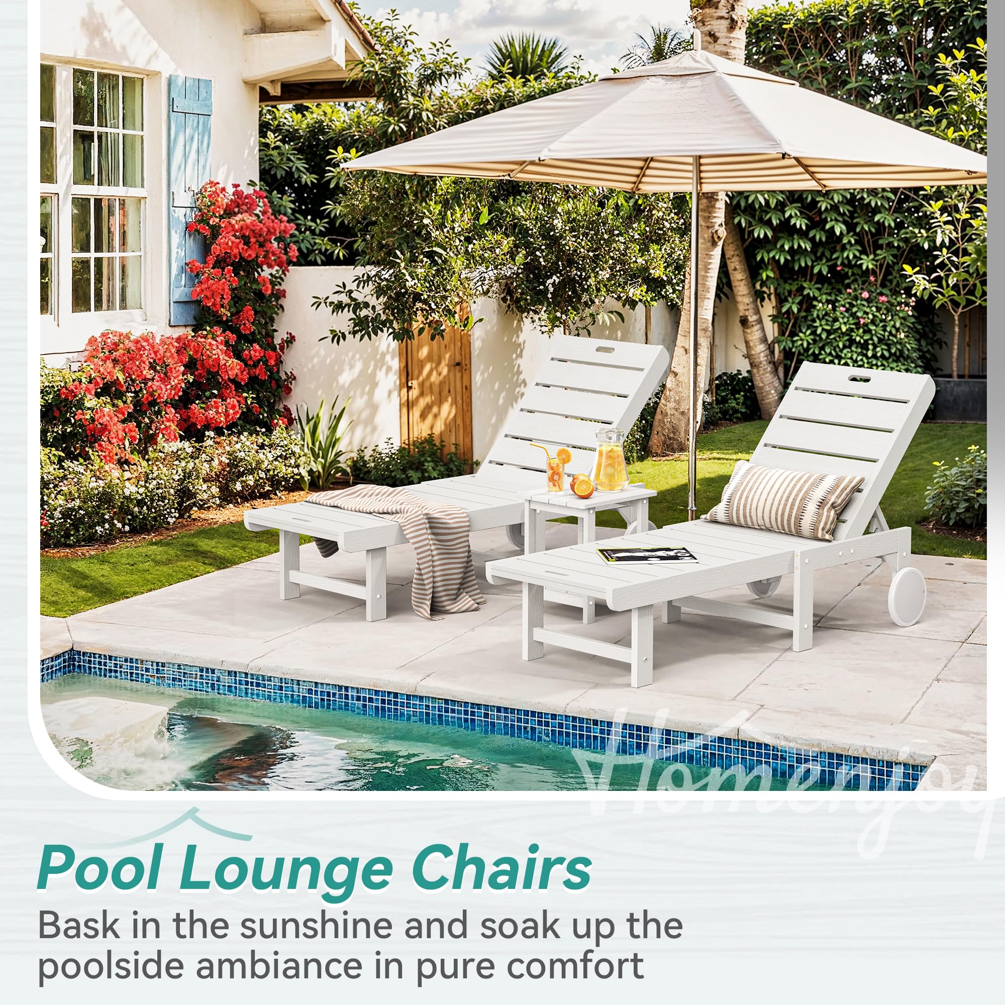 3-Piece White HDPS Outdoor Chaise Lounge Chair with Table & 5-Position Backrest - Patio, Poolside & Beach Lounge Chair with Wheels for Relaxing by the Pool, Garden or Backyard