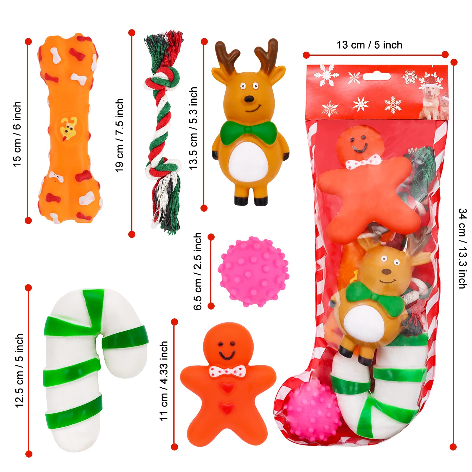 ZALALOVA 6-Piece Christmas Dog Stocking Toys Set - Chew Toys, Santa, Gingerbread Man, Bone, Tree & Candy Cane Shapes - Interactive Ball Gift for Dogs | Holiday Pet Gifts & Puppy Chew Toys for Christmas Decorations