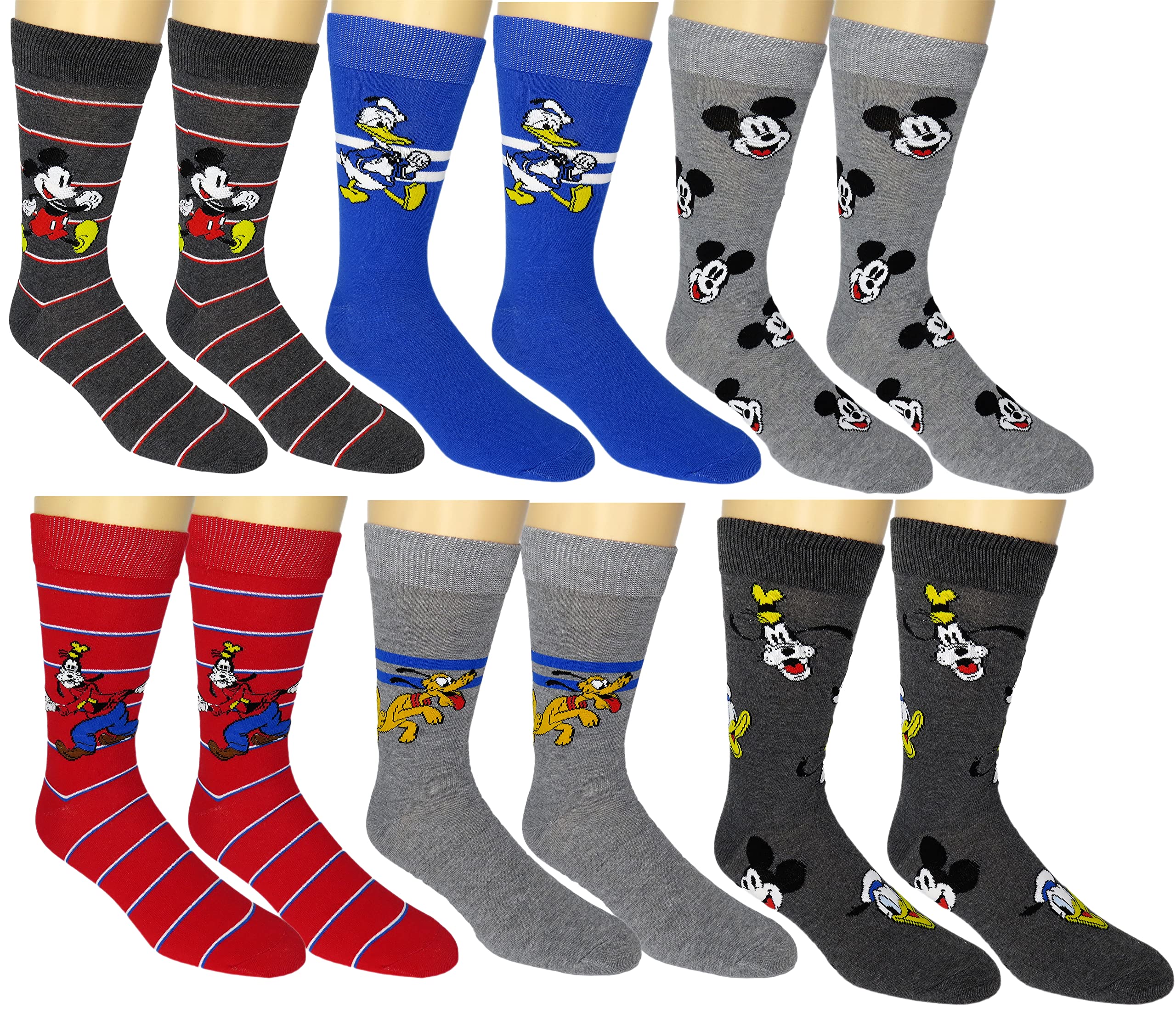 Disney Mickey Mouse Men's Casual Crew Socks 6-Pack - Comfortable Cotton Blend Socks for Everyday Wear, Gift for Disney Fans, Work, School & Lounge