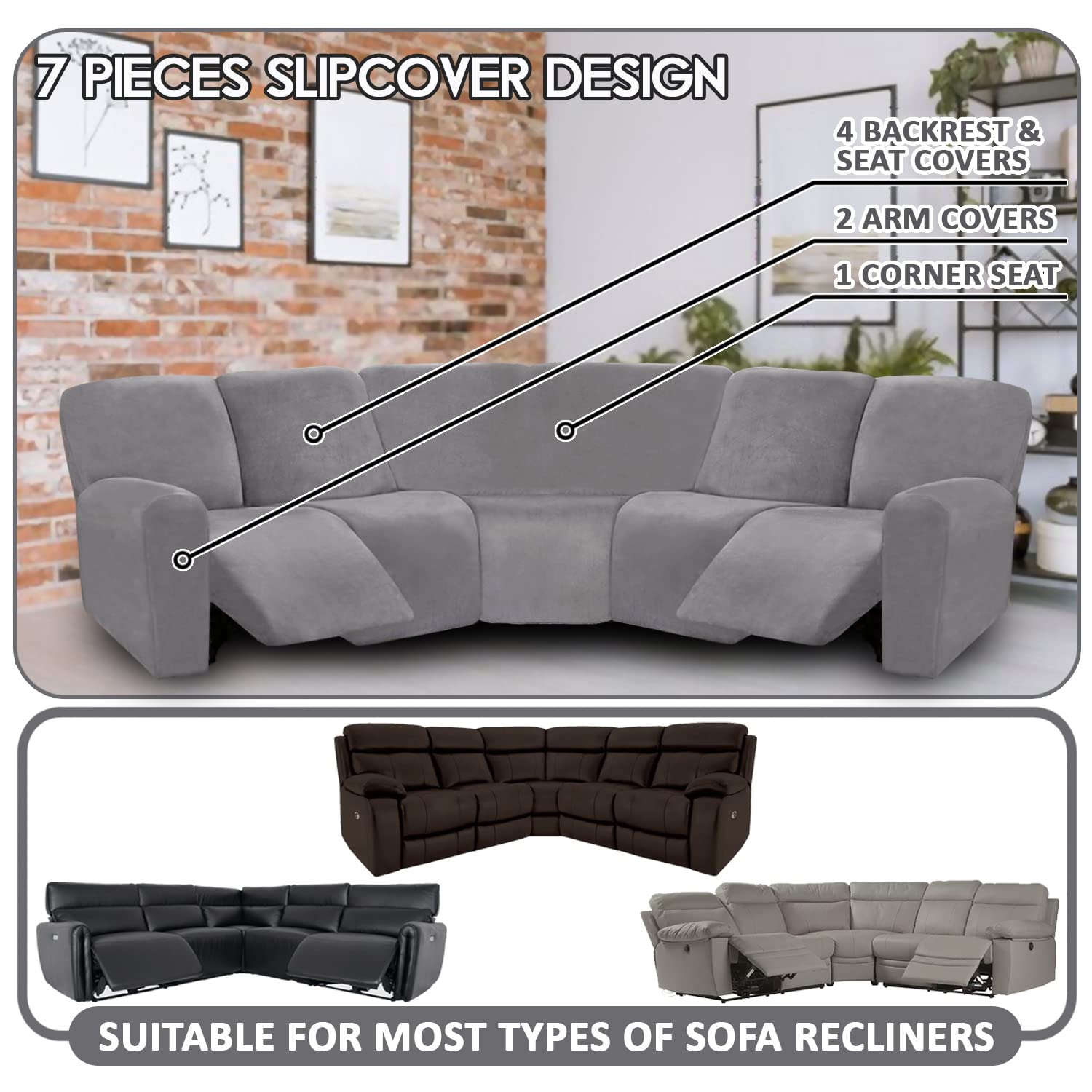 ULTICOR 7-Piece L-Shaped Recliner Sofa Cover - Velvet Stretch Couch Cover for Sectional Reclining Sofa - Soft Washable Furniture Protector (Light Gray, Fits 5-Seat L-Shaped Recliners) - Perfect for Living Room, Home Theater & Family Gatherings