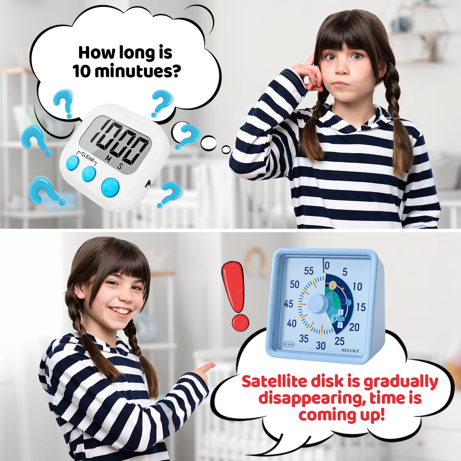 Secura 60-Minute Visual Timer for Kids & Adults - Silent Countdown Clock for Classroom, Office, Kitchen - Blue Time Management Tool for Homework, Cooking, Meetings & Productivity Tasks