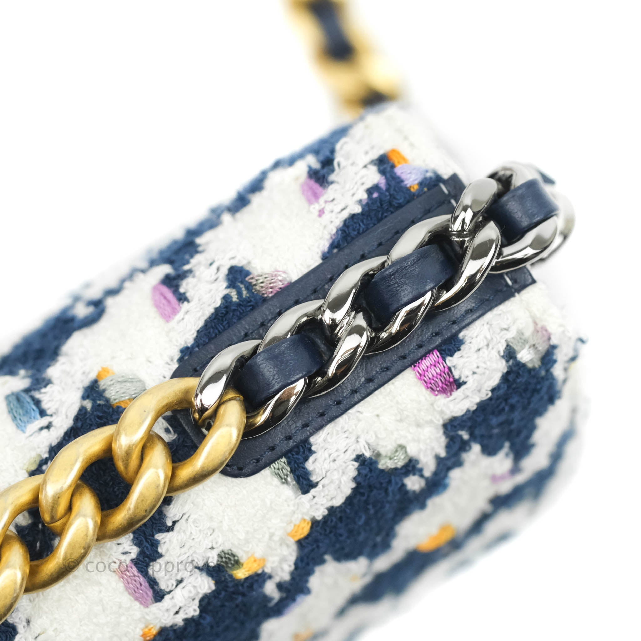 Chanel 19 Wallet On Chain WOC Quilted Houndstooth Tweed Blue White Crossbody Bag - Perfect for Evening Events, Date Nights & Luxury Fashion Accessories