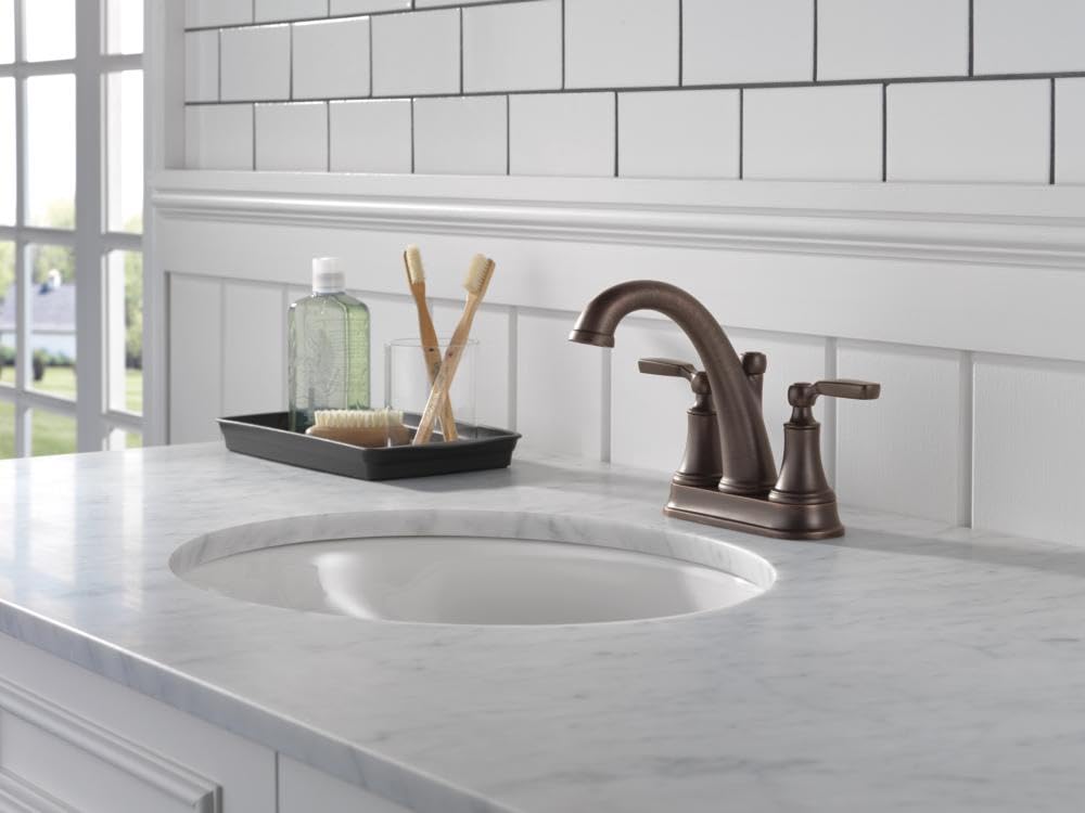 Delta Woodhurst Centerset Bathroom Faucet - Oil Rubbed Bronze 2-Handle Bathroom Sink Faucet with Metal Push-Pop Drain - Venetian Bronze 2532LF-RBMPU - Perfect for Modern Bathroom Vanities and Powder Rooms