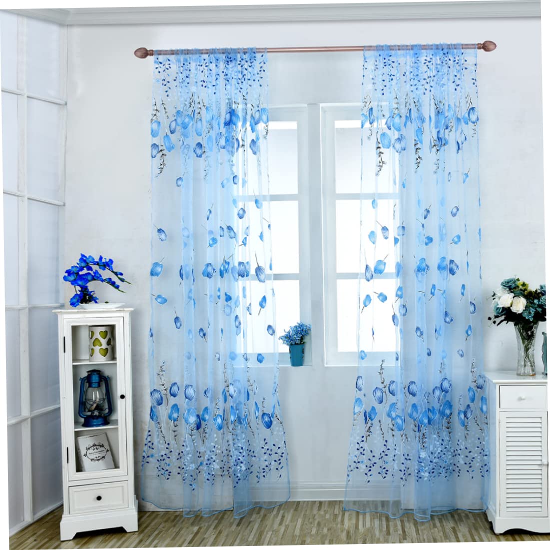 Elegant Nirelief Sheer Voile Window Curtains - Tulip Printed Tulle Drape Panels for Living Room & Bedroom Decor (Blue, 100x200cm) | Light Filtering Scarf Valances for Home & Office Windows
