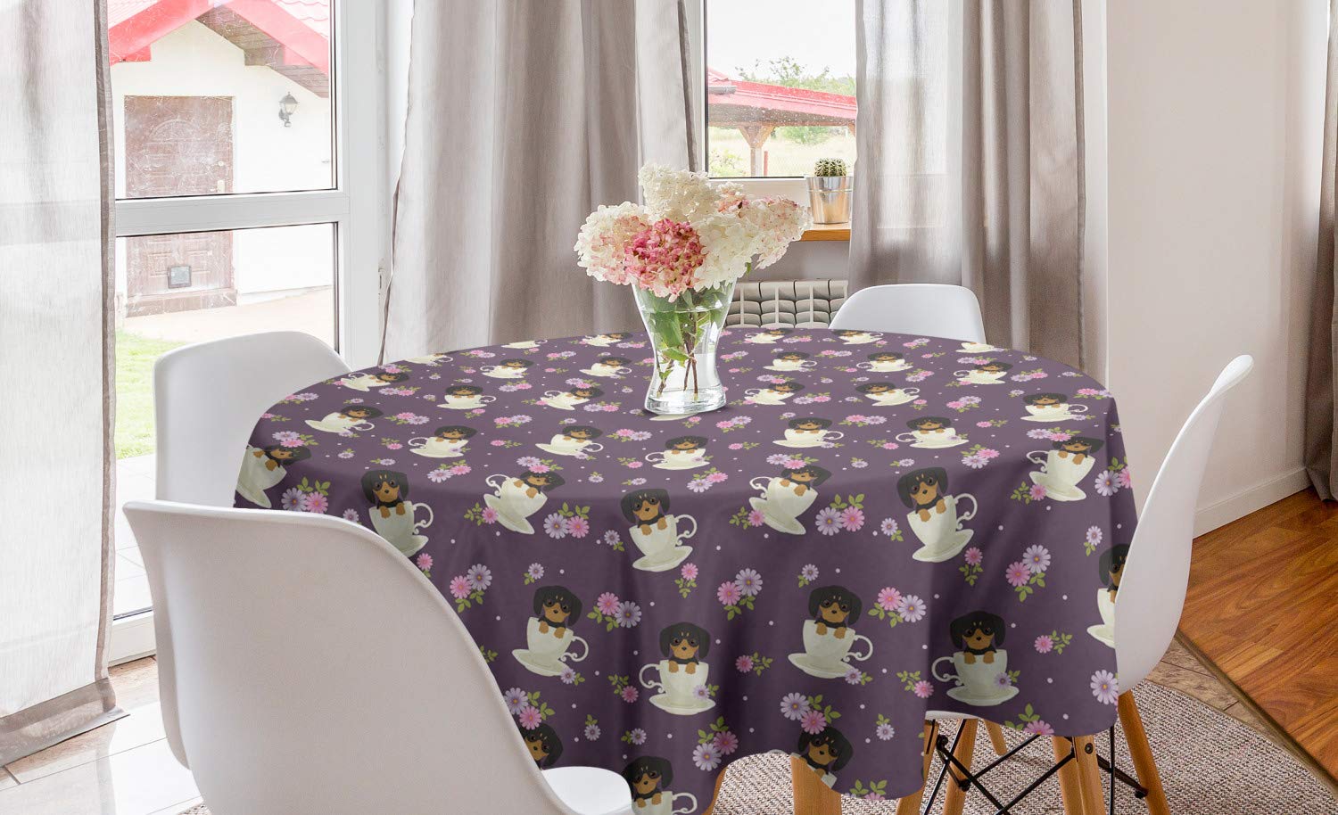 Ambesonne Dachshund Dog Tea Party Round Tablecloth - 60 Inch Circle Table Cover with Wildflowers & Aster Pets Design for Dining Room, Kitchen Decor - Eggplant Multicolor - Perfect for Afternoon Tea, Birthday Parties & Home Decor