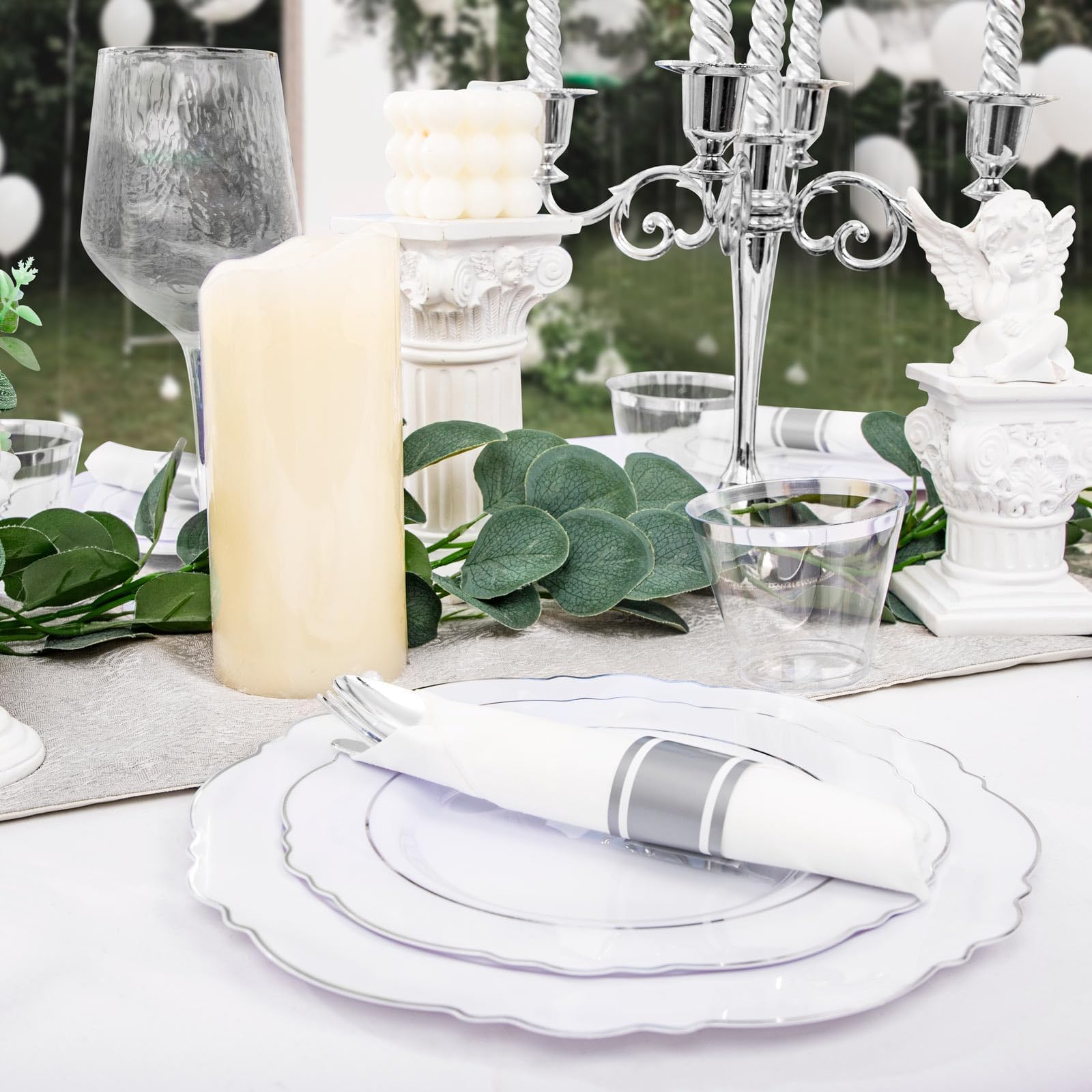 100-Piece Silver Plastic Plates Set - Elegant Baroque Design for Upscale Parties & Weddings - Includes 50 Dinner Plates (10.25
