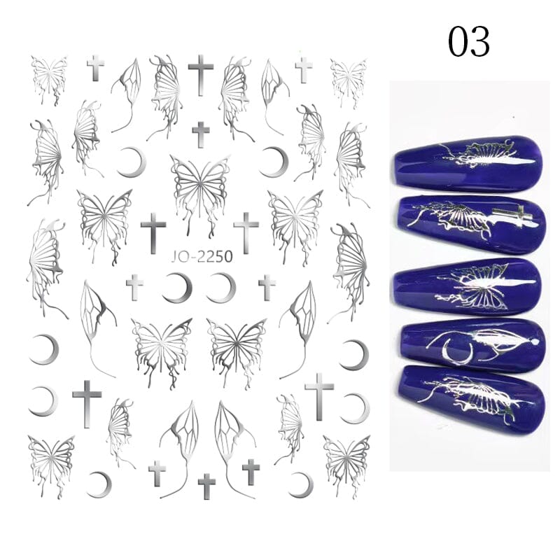 3D Silver Hollow Butterfly Moon Cross Nail Stickers - Elegant Nail Art Decals for Women (JO 2250 #03) - Perfect for Parties, Weddings, and Special Occasions