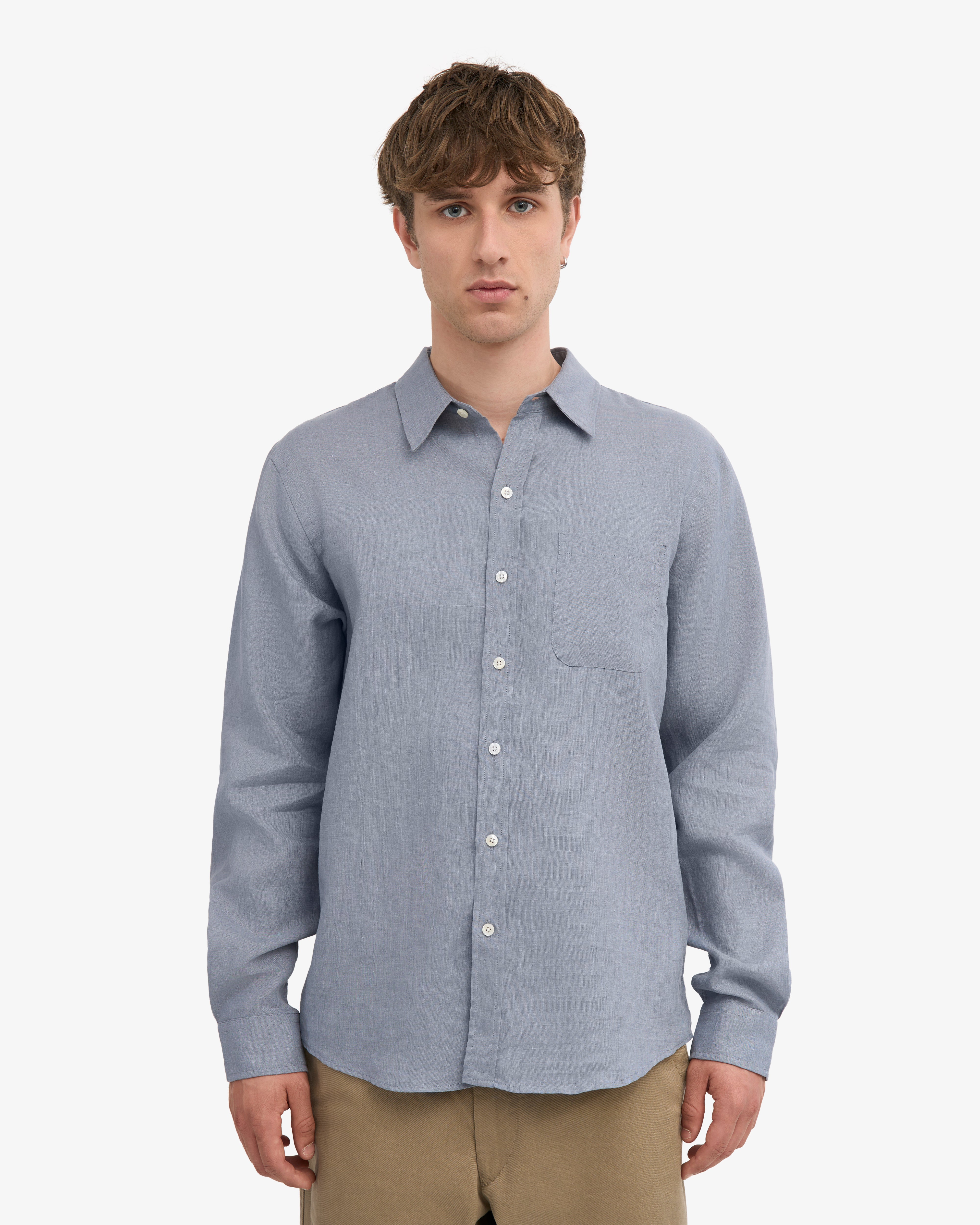 Premium Linen Shirt for Men - Breathable Steel Blue Button Down Shirt - Casual Summer Office Wear & Beach Vacation Outfit