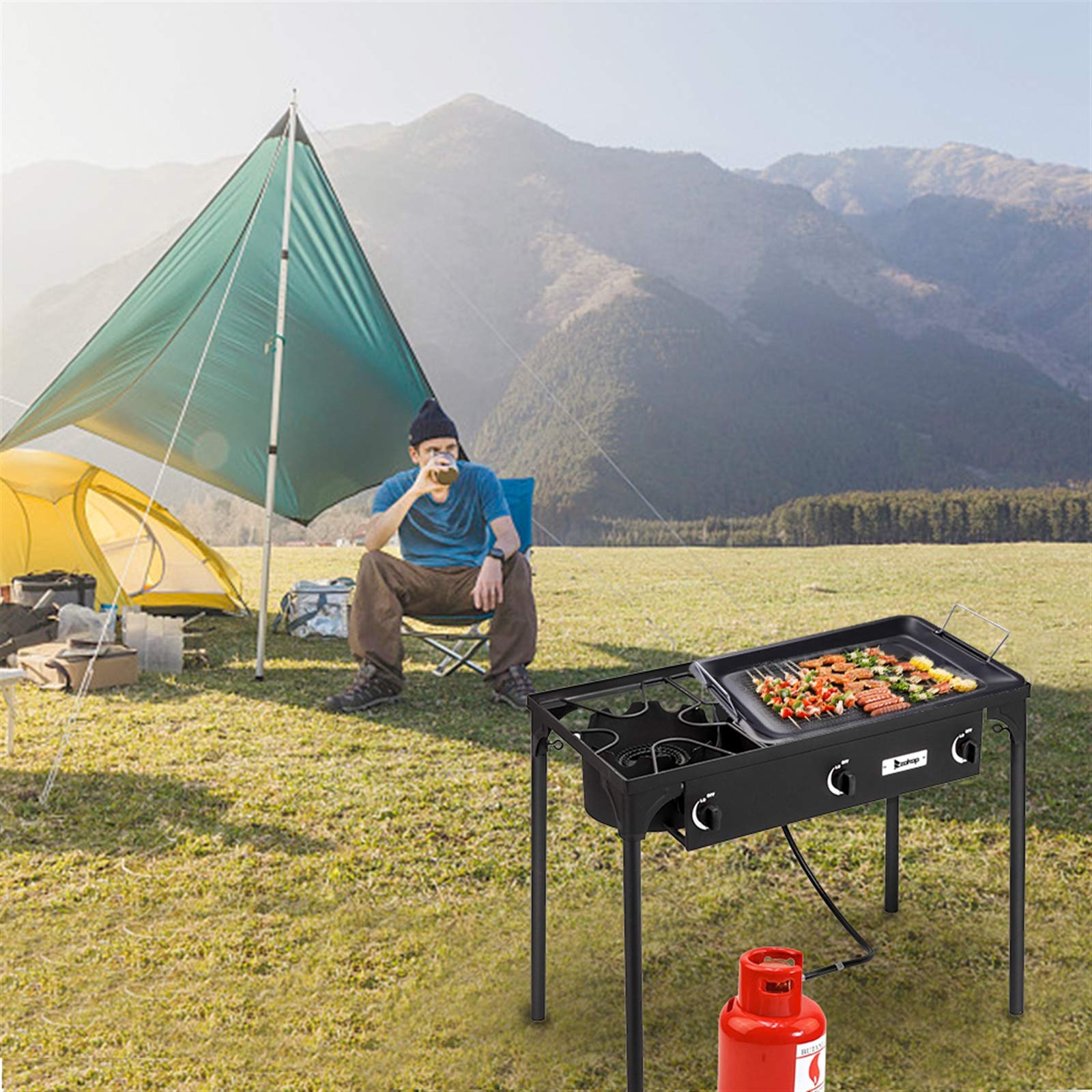 Portable High-Pressure Outdoor Camp Stove - 3 Burner Propane Gas Cooker with Cast Iron Grates for Camping, Backpacking, Home Brewing & Wok Cooking | Perfect for RV Trips, Tailgating & Emergency Preparedness